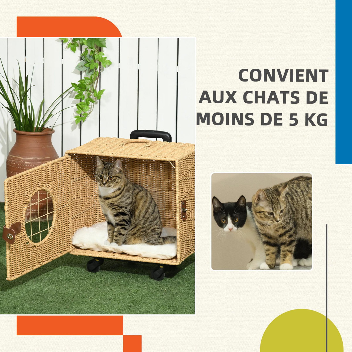 PAWHUT Caisse de transport pour chat - 4 roulettes, poignée télescopique, poignée, fenêtre, coussin - résine tressée aspect rotin