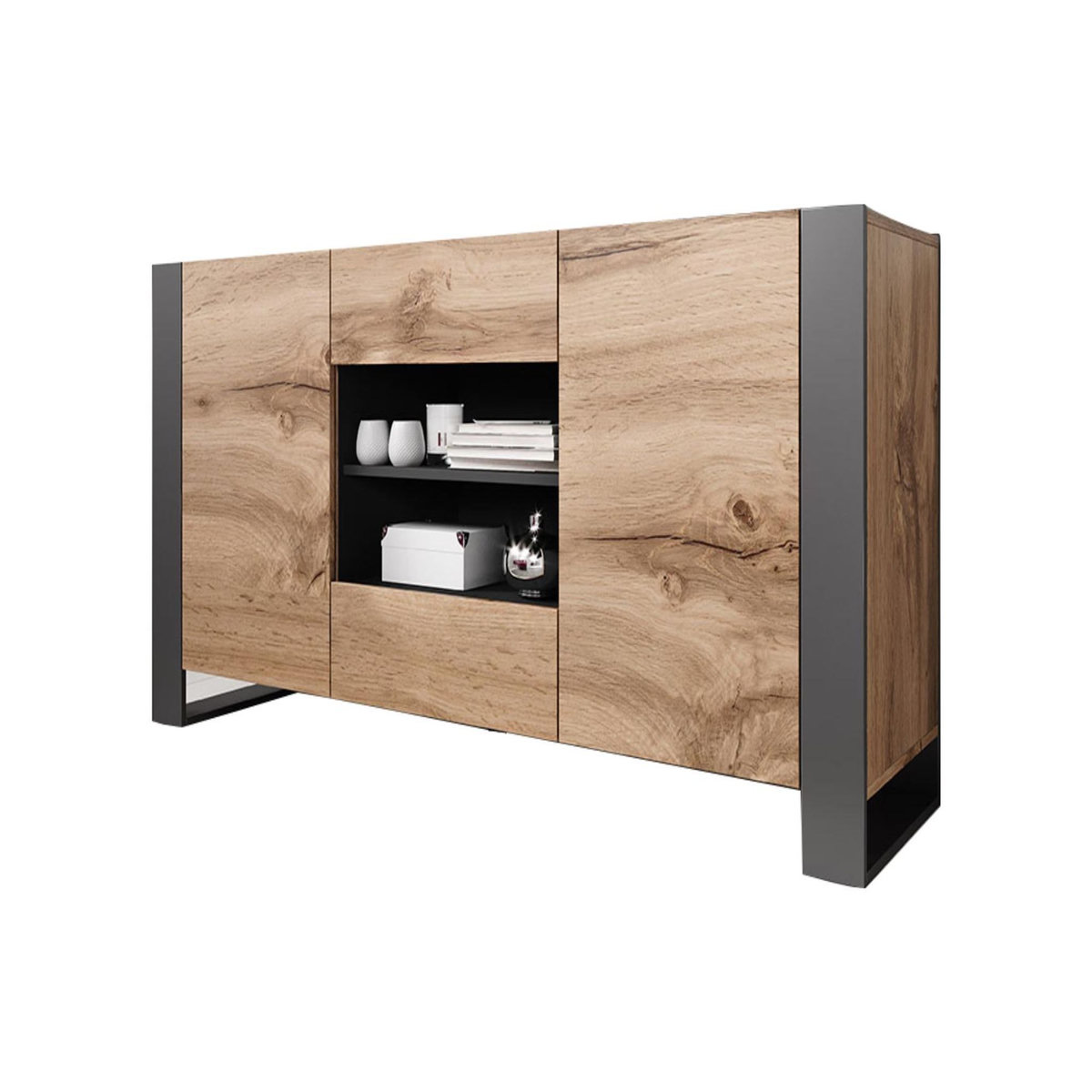 BEST MOBILIER Willow - buffet bas - effet bois et gris - 2 portes, 2 tiroirs et 2 niches - 164 cm