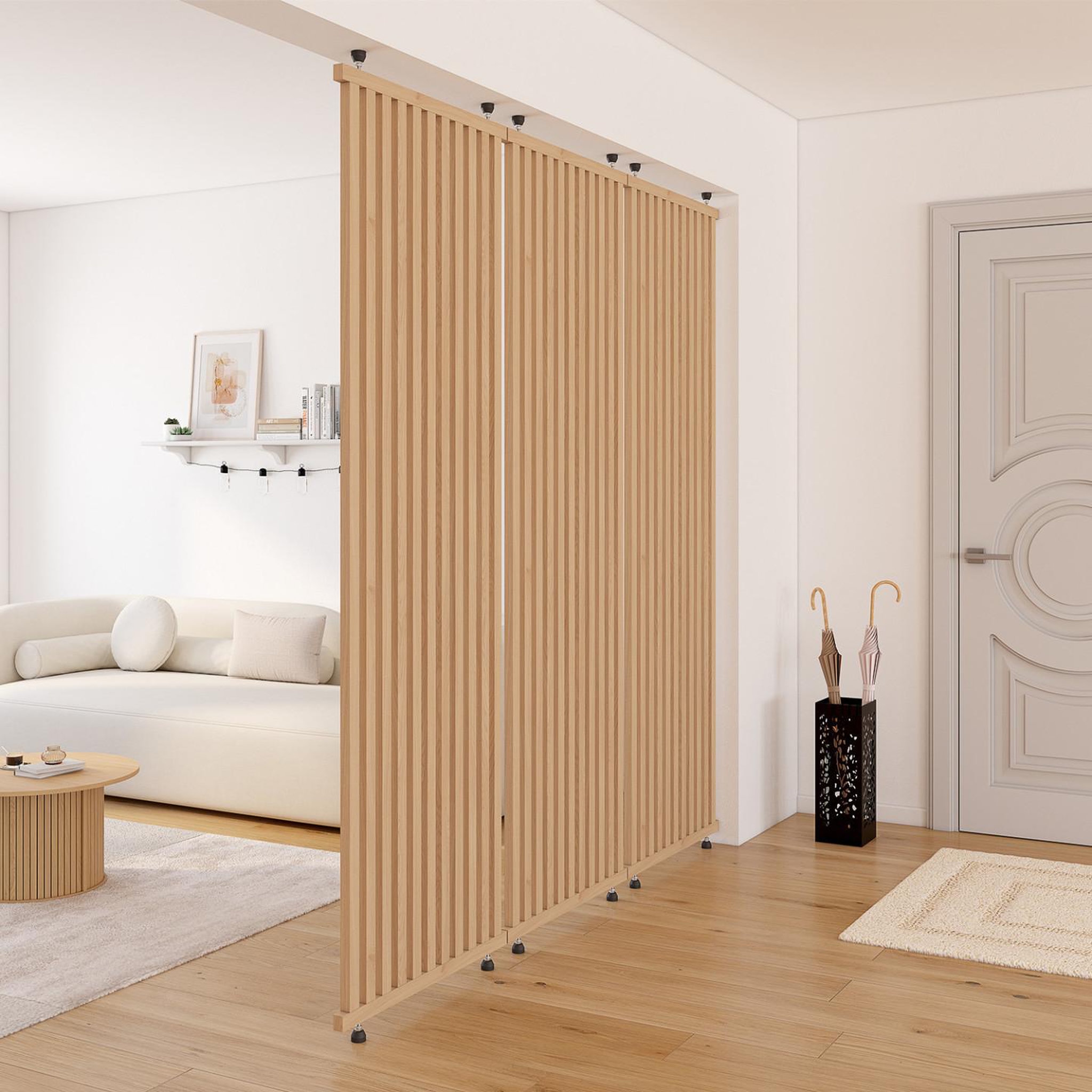 Voir la diapositive 3 : ID MARKET Cloison de séparation claustra 250 x 80 cm en tasseaux de bois coloris chêne