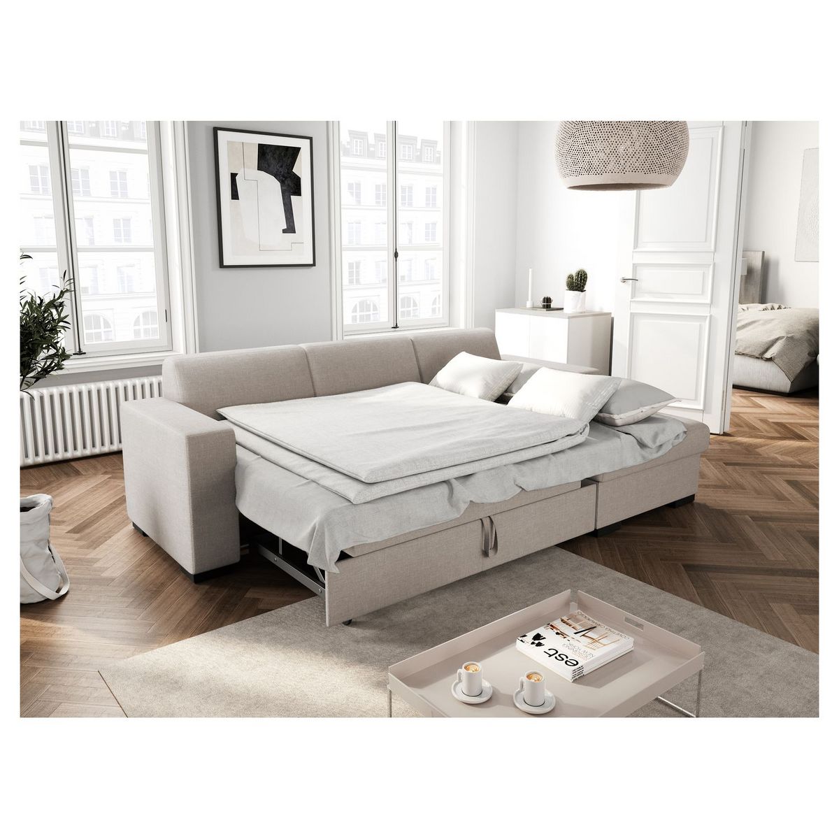 Canapé d'angle droit convertible 4 places avec coffre  de rangement revêtement tissu CARIBEA 