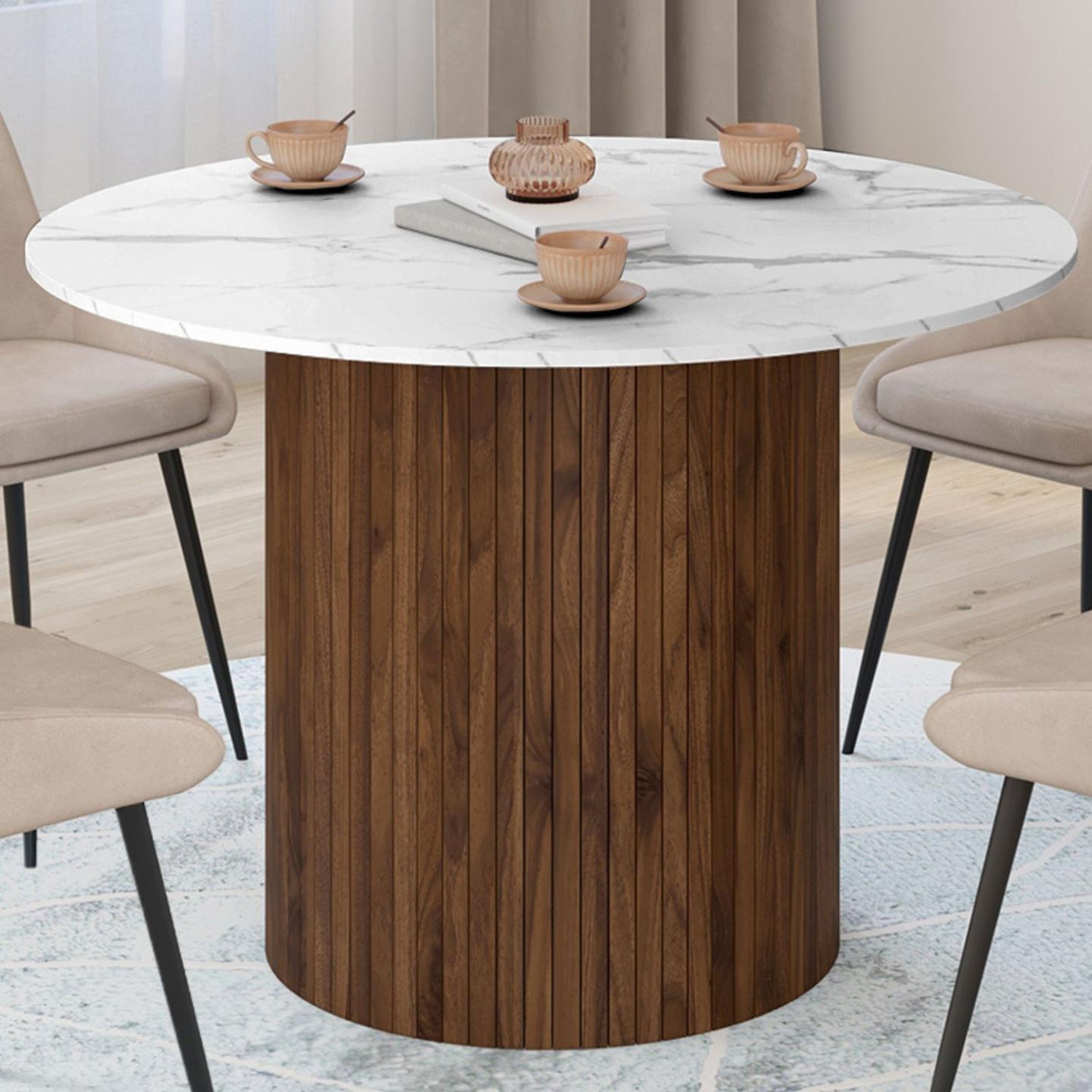 Voir la diapositive 2 : ID MARKET Table à manger ronde juliette 6 personnes pied central effet lattes noyer et plateau effet marbre blanc alaska 110 cm