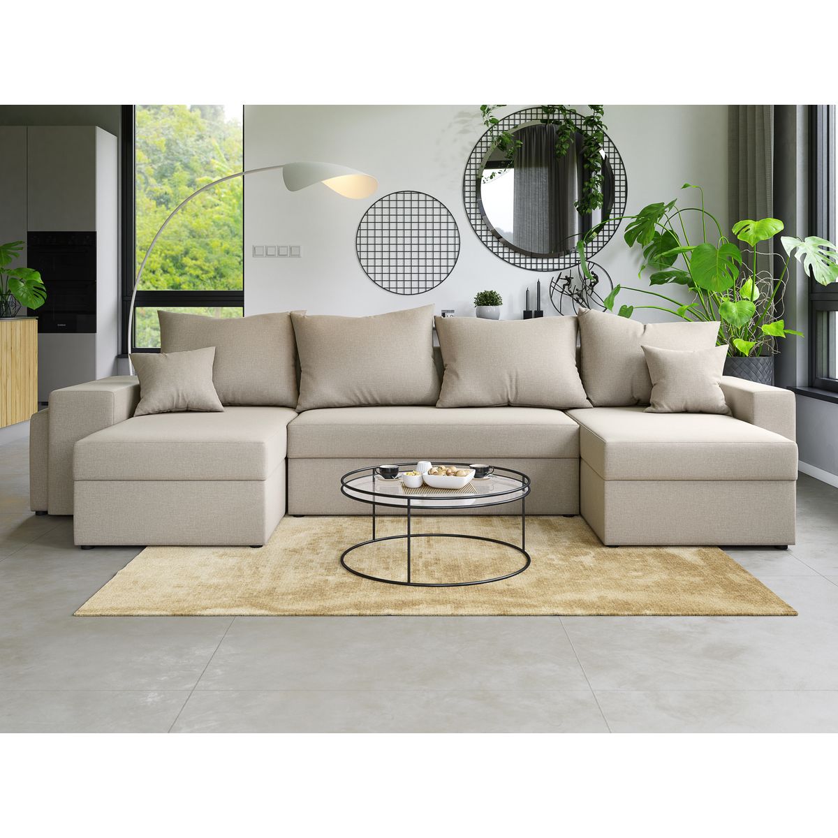 Canapé panoramique convertible 6 places avec étagères et poufs intégrés AUSTIN