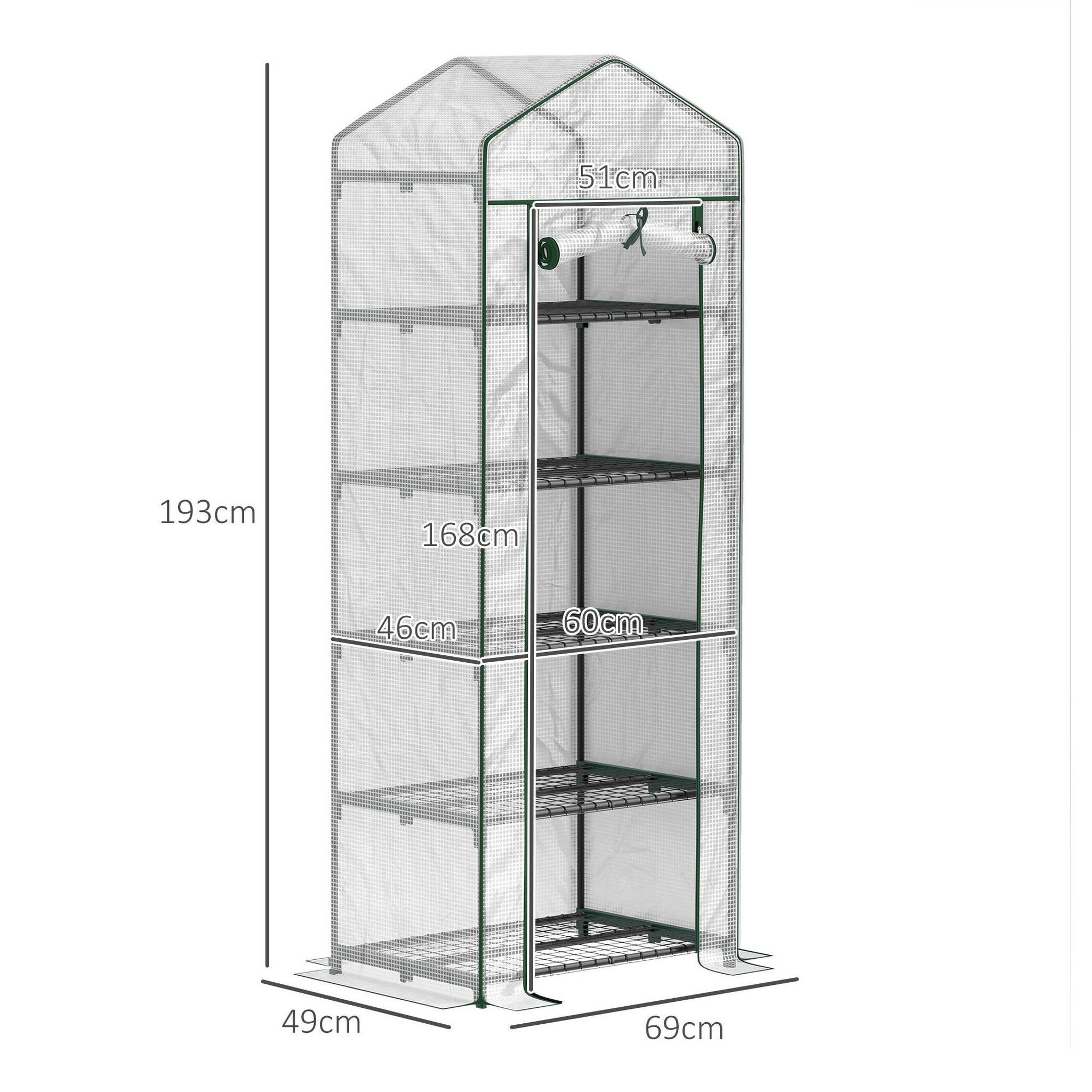 Voir la diapositive 3 : OUTSUNNY Serre de jardin balcon 5 étagères porte zippée 69 x 49 x 193 cm acier thermolaqué bâche pe blanc