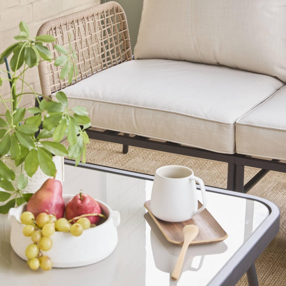 SWEEEK Salon de jardin d'angle en acier et cordes beige TALIA. 5 personnes