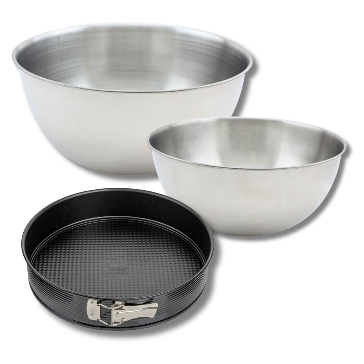 ZENKER Lot comprenant 1 Moule à manqué 24 cm, 1 spatule Zenker et 2 bols à mixer en inox Fackelmann