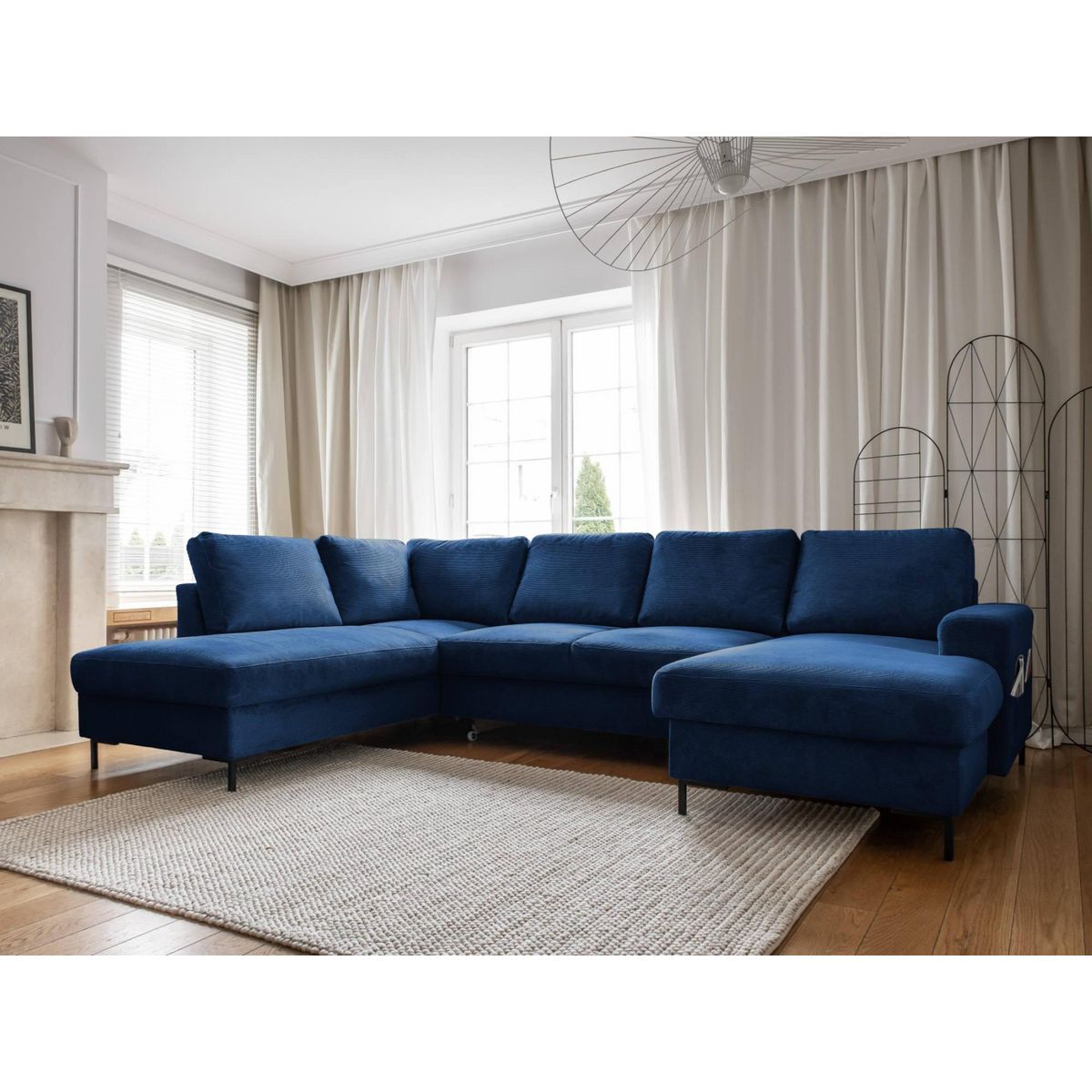 BEST MOBILIER Lilly - canapé panoramique d'angle gauche - 7 places - convertible avec coffre - en velours côtelé