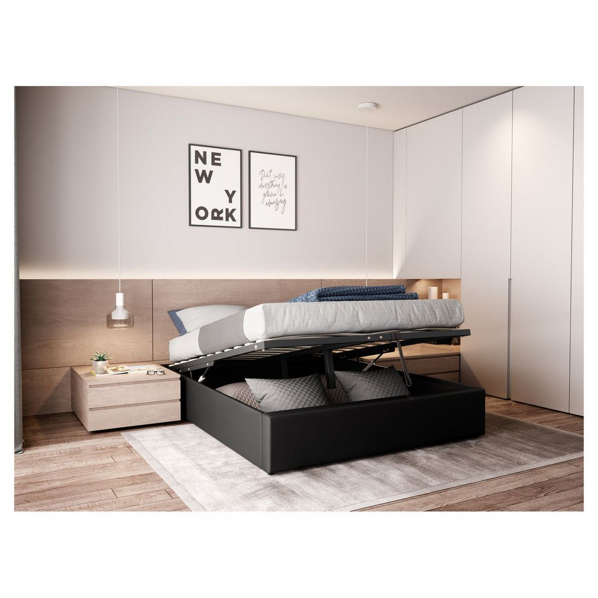 Ensemble Lit coffre avec sommier relevable 140x190 cm LEO + matelas mousse 140x190 cm ANNA