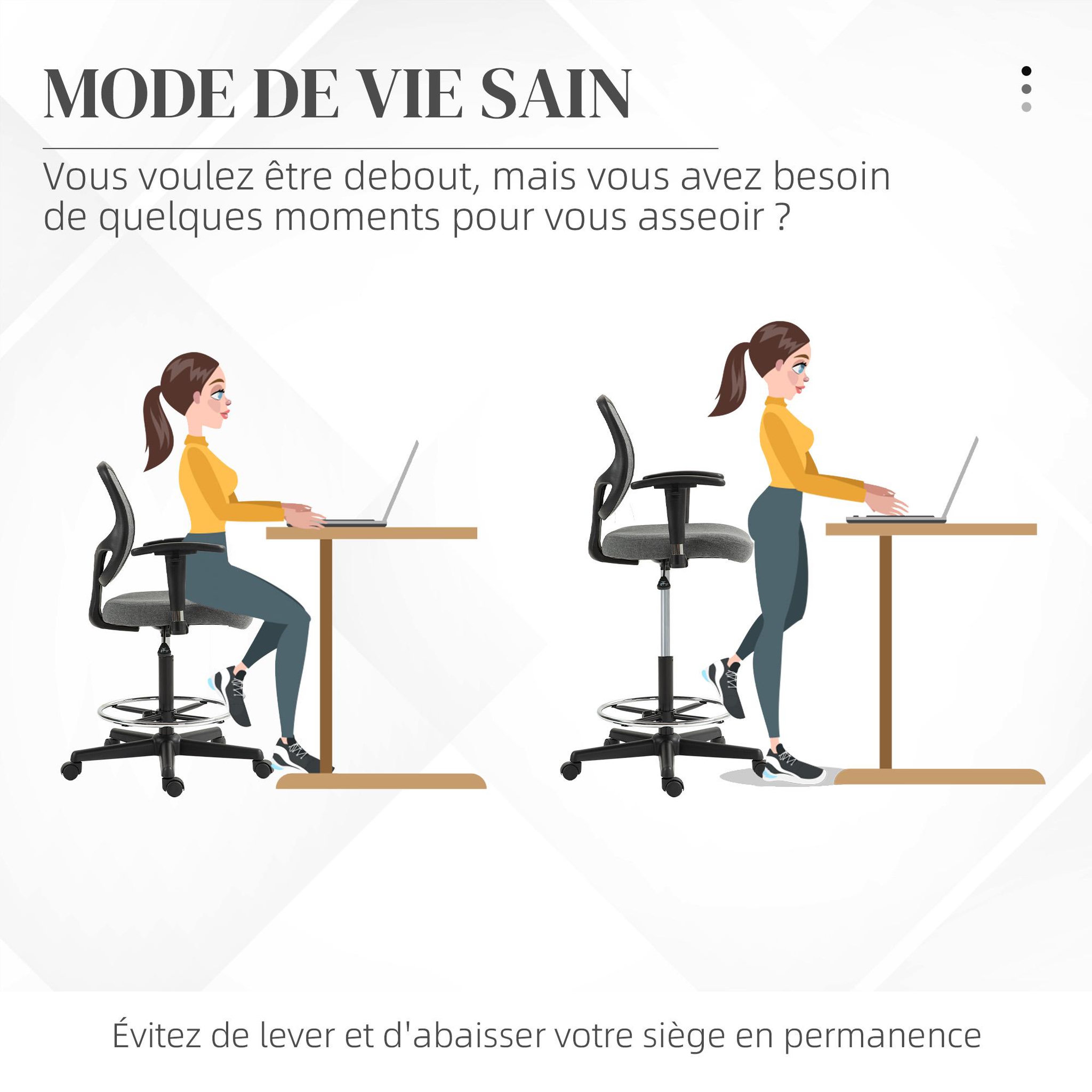Voir la diapositive 5 : VINSETTO Chaise de bureau assise haute réglable accoudoirs réglables pivotante 360° tissu gris chiné