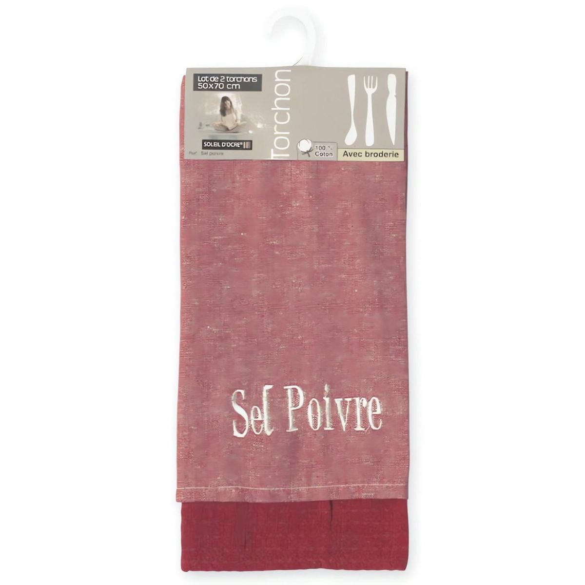 SOLEIL D'OCRE Lot de 2 torchons en coton SEL et POIVRE rouge, brodé 50x70 cm
