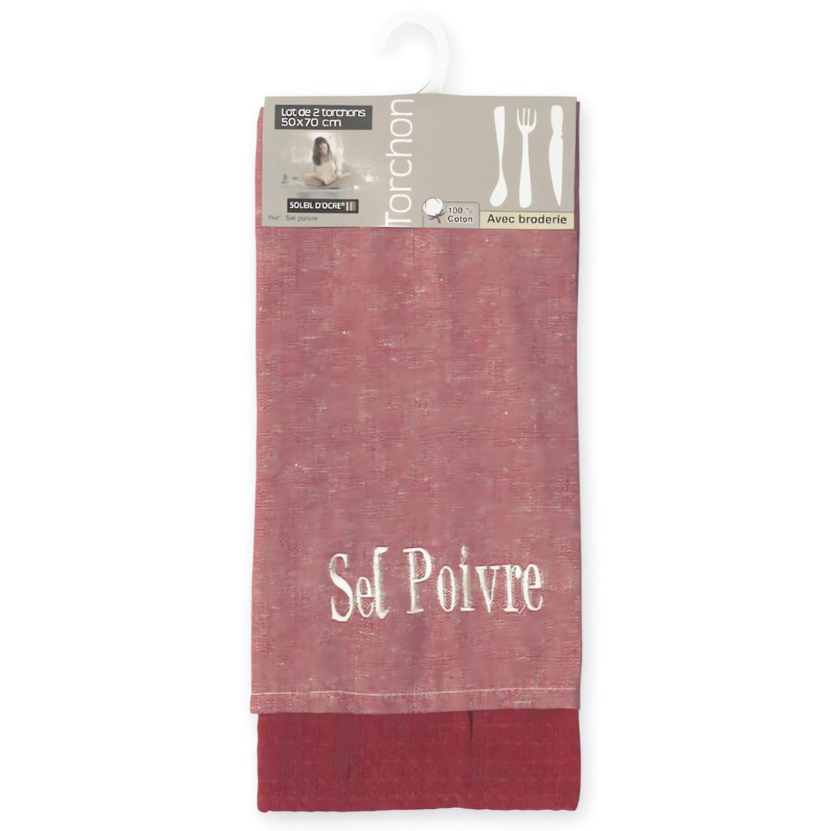 SOLEIL D'OCRE Lot de 2 torchons en coton SEL et POIVRE rouge, brodé 50x70 cm