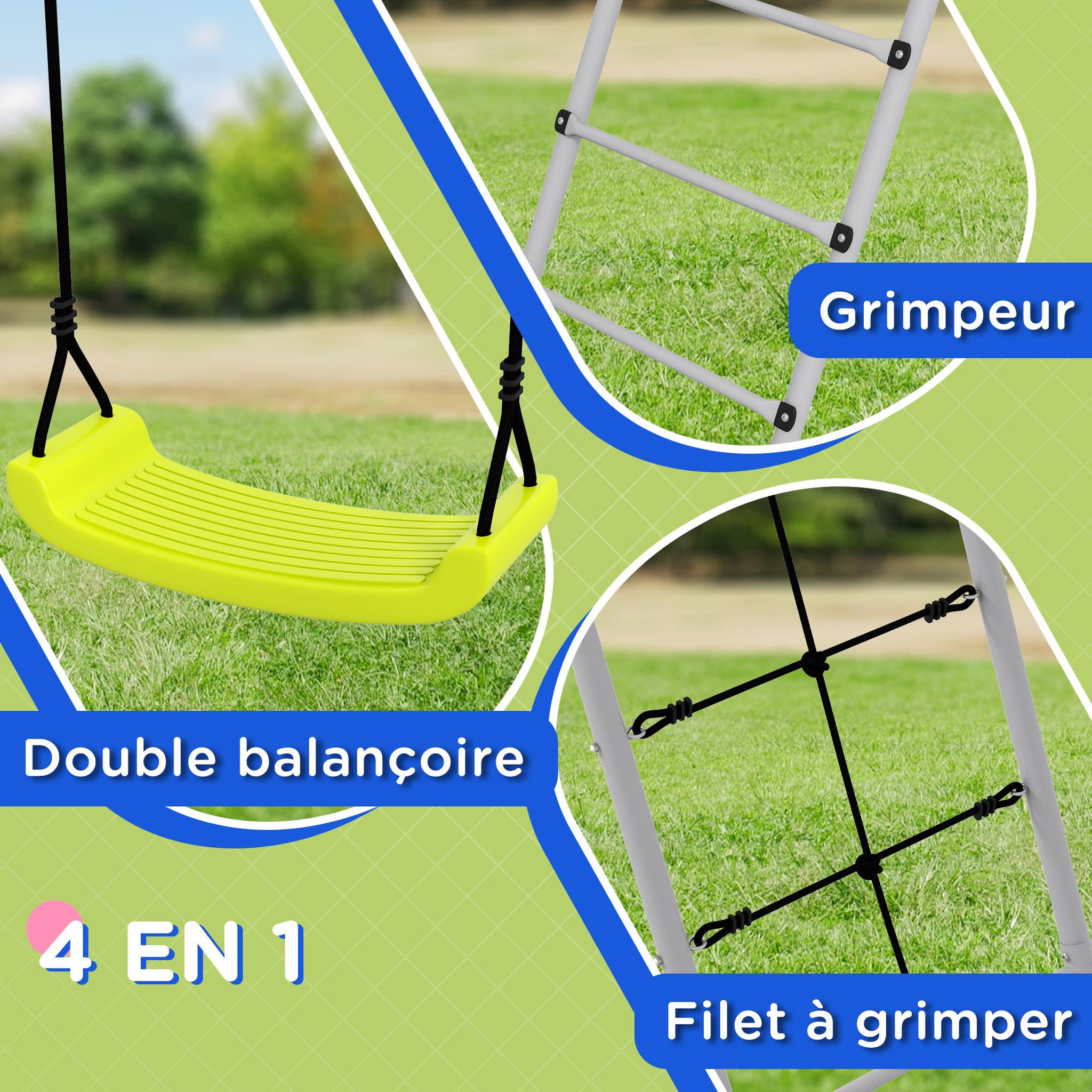 Voir la diapositive 4 : OUTSUNNY Balançoire portique 4 agrès - 2 balançoires, 2 échelles - dim. 2,6L x 1,85l x 1,8H m - métal époxy PE gris vert