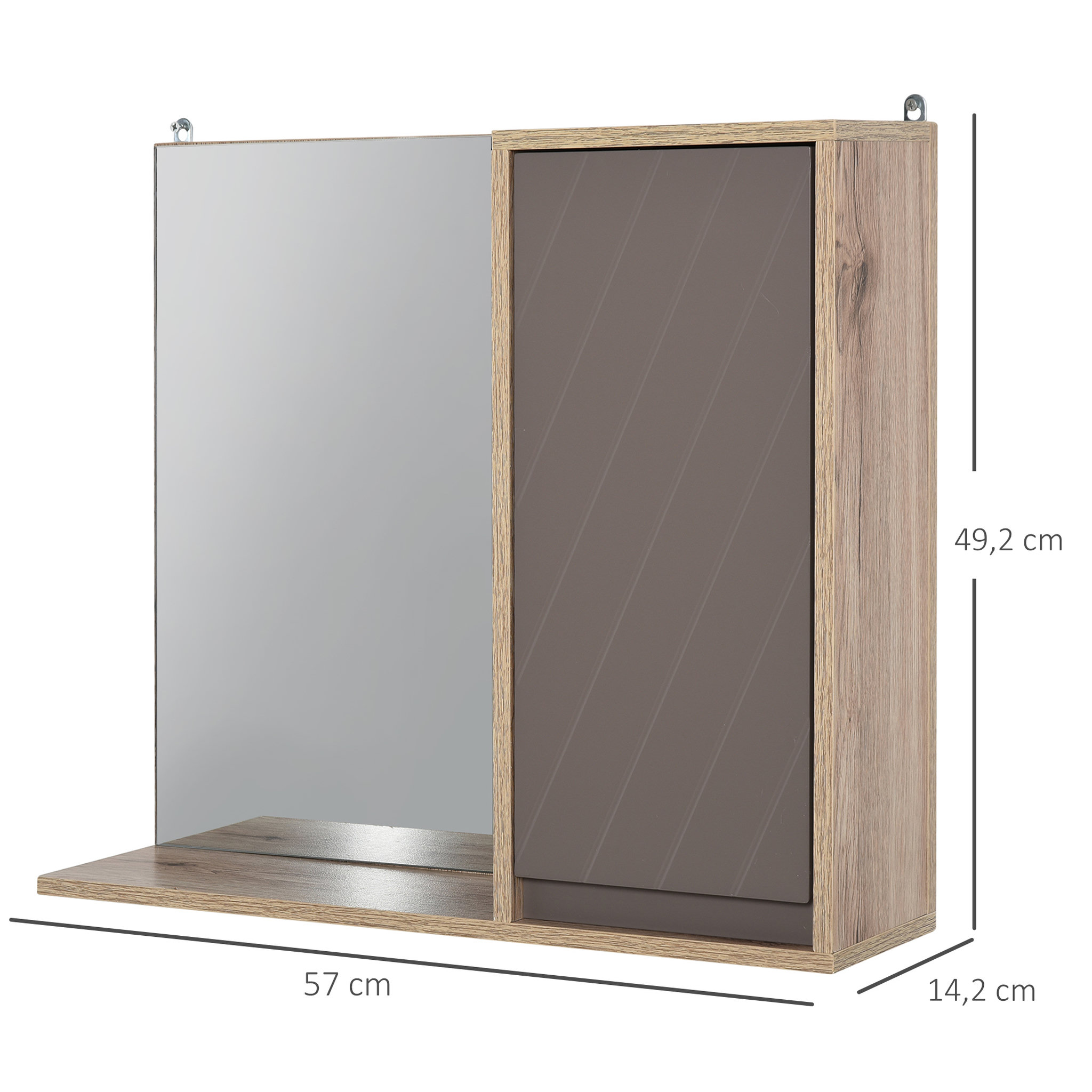 Voir la diapositive 2 : HOMCOM Miroir de salle de bain avec étagère et placard - système fixation intégré - panneaux particules chêne clair gris