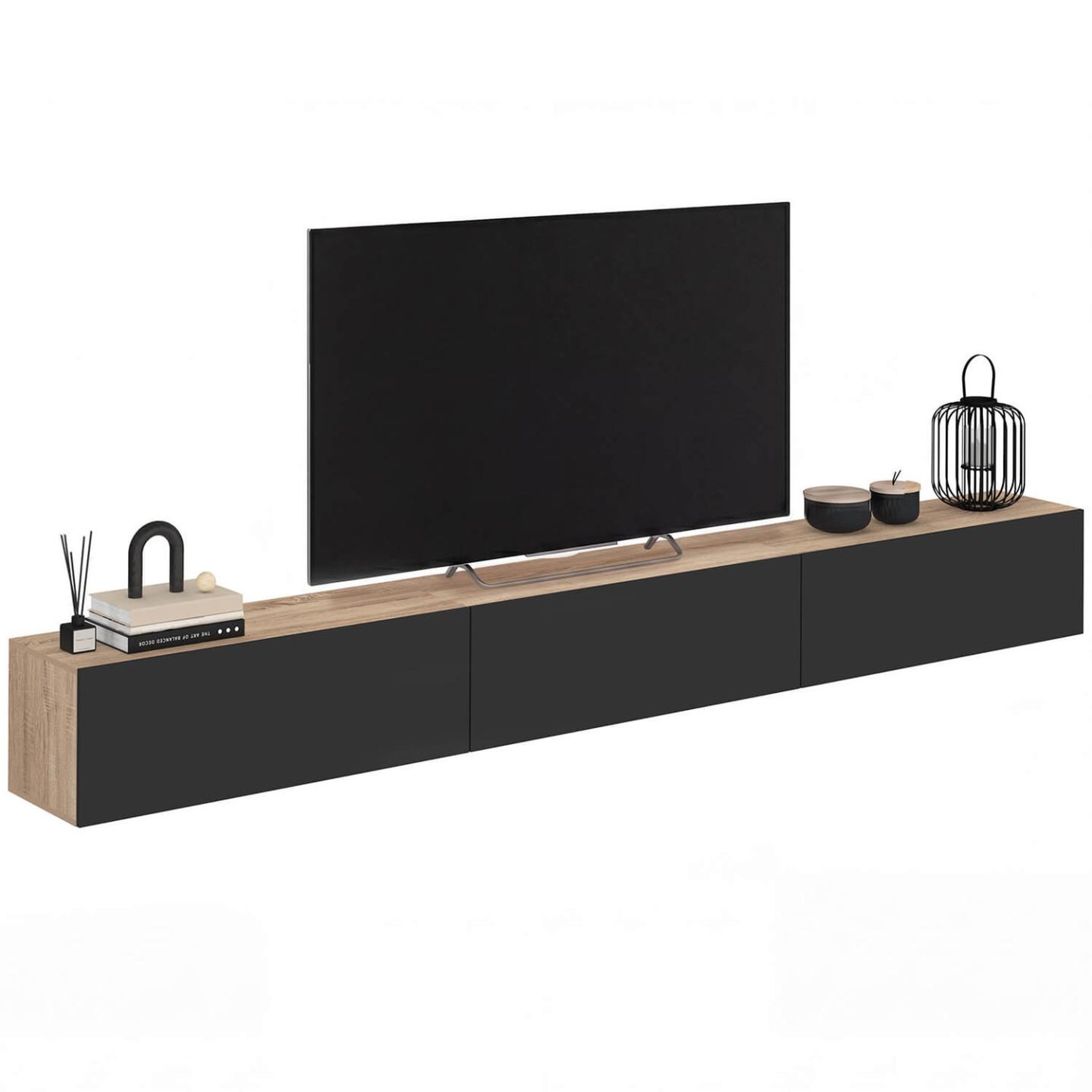 ID MARKET Meuble tv 270 cm suspendu elio 3 portes bois et noir