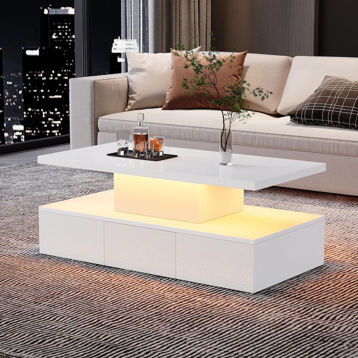 MERAX Table basse rectangulaire blanc avec 1 tiroir - 50x100 cm led panneau de particules