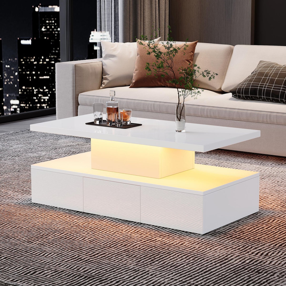 MERAX Table basse rectangulaire blanc avec 1 tiroir - 50x100 cm led panneau de particules