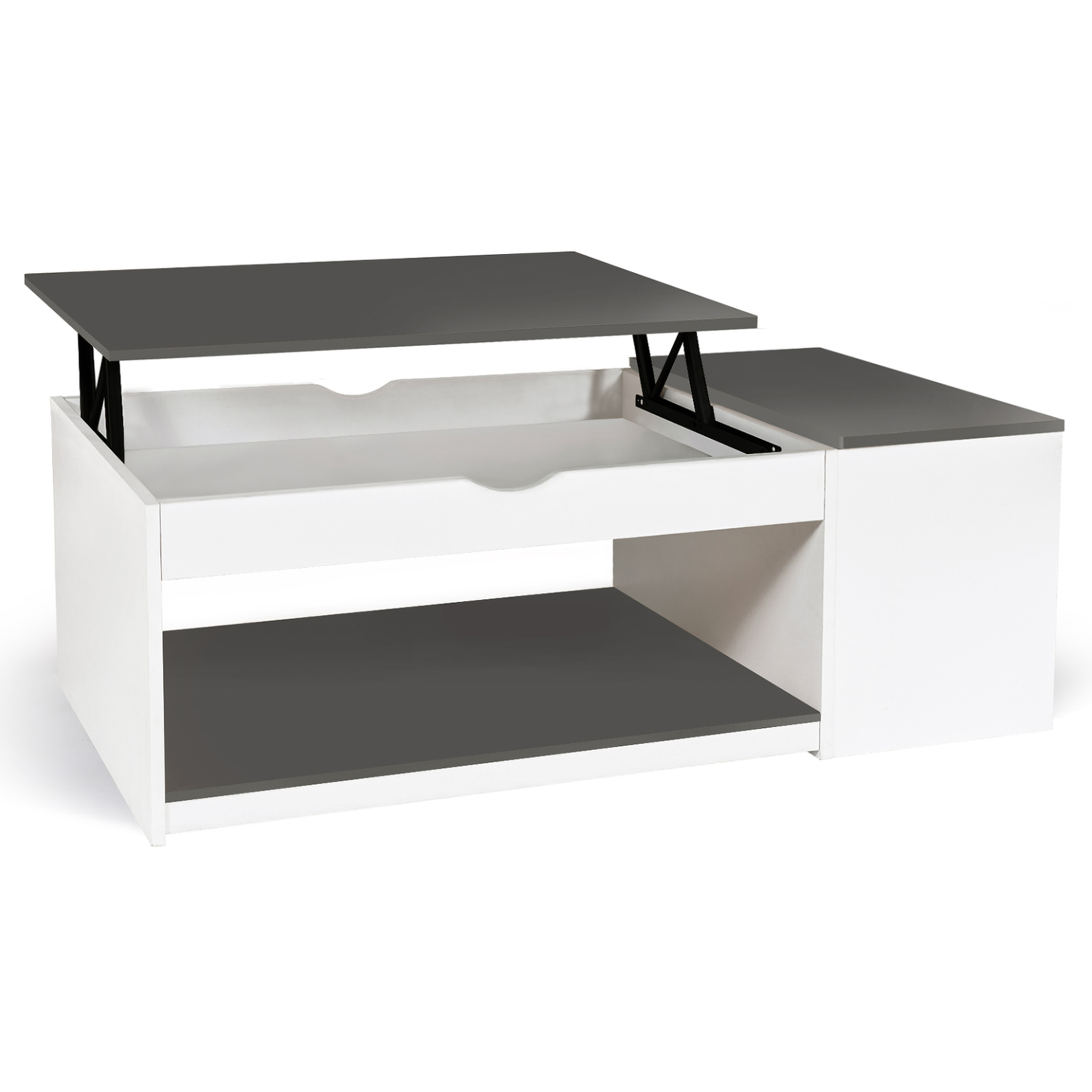 ID MARKET Table basse plateau relevable rectangulaire elea avec coffre bois blanc et gris