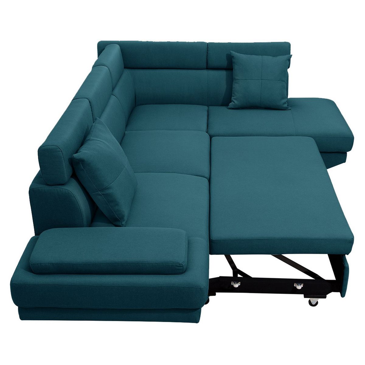 Canapé d'angle droit convertible 5 places tissu pieds bois clair MARIUS 