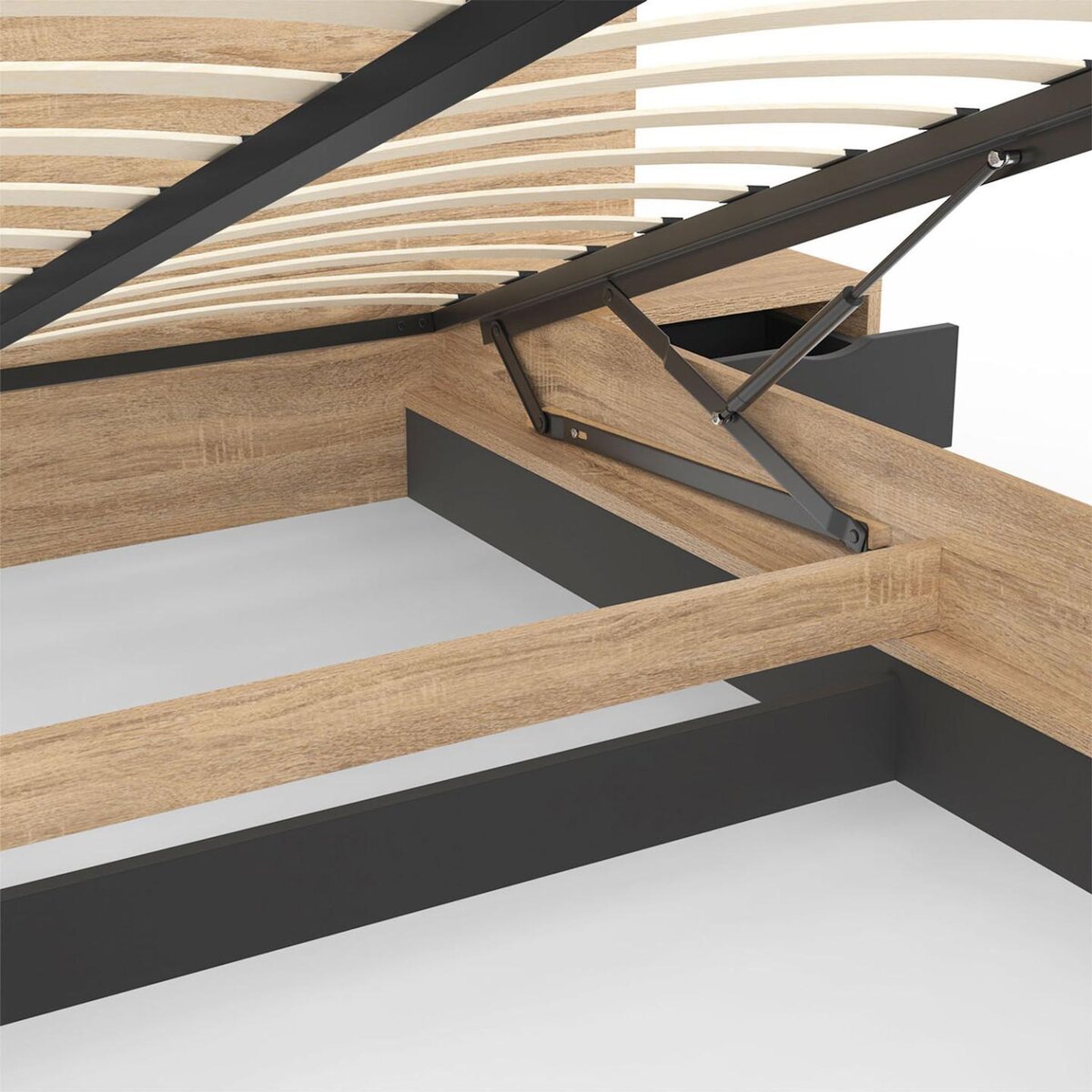 ID MARKET Lit coffre double SANTA avec tête de lit + tables de chevets intégrées et sommier 140 x 190 cm bois et noir