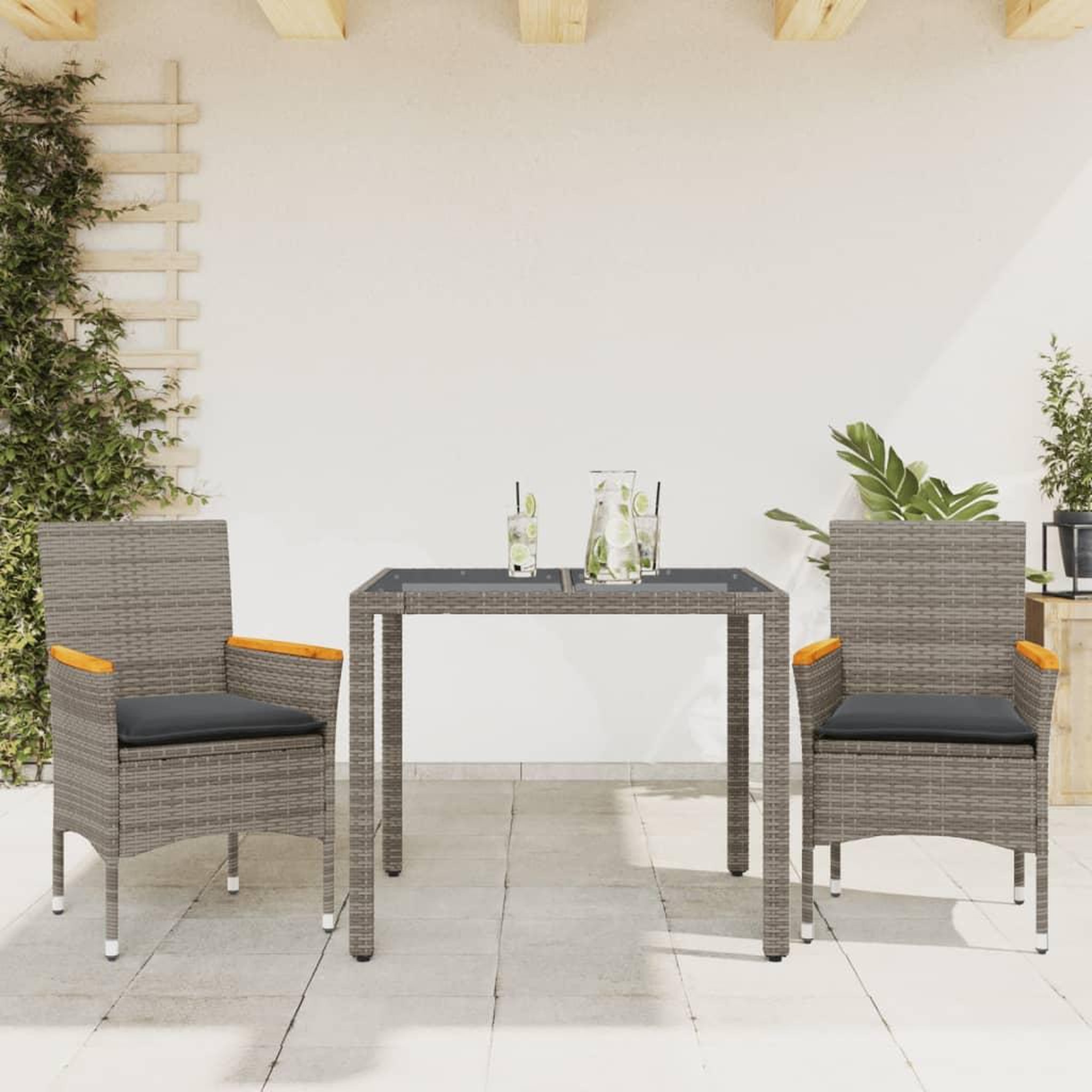 VIDAXL Ensemble a manger de jardin et coussins 3 pcs gris rotin verre