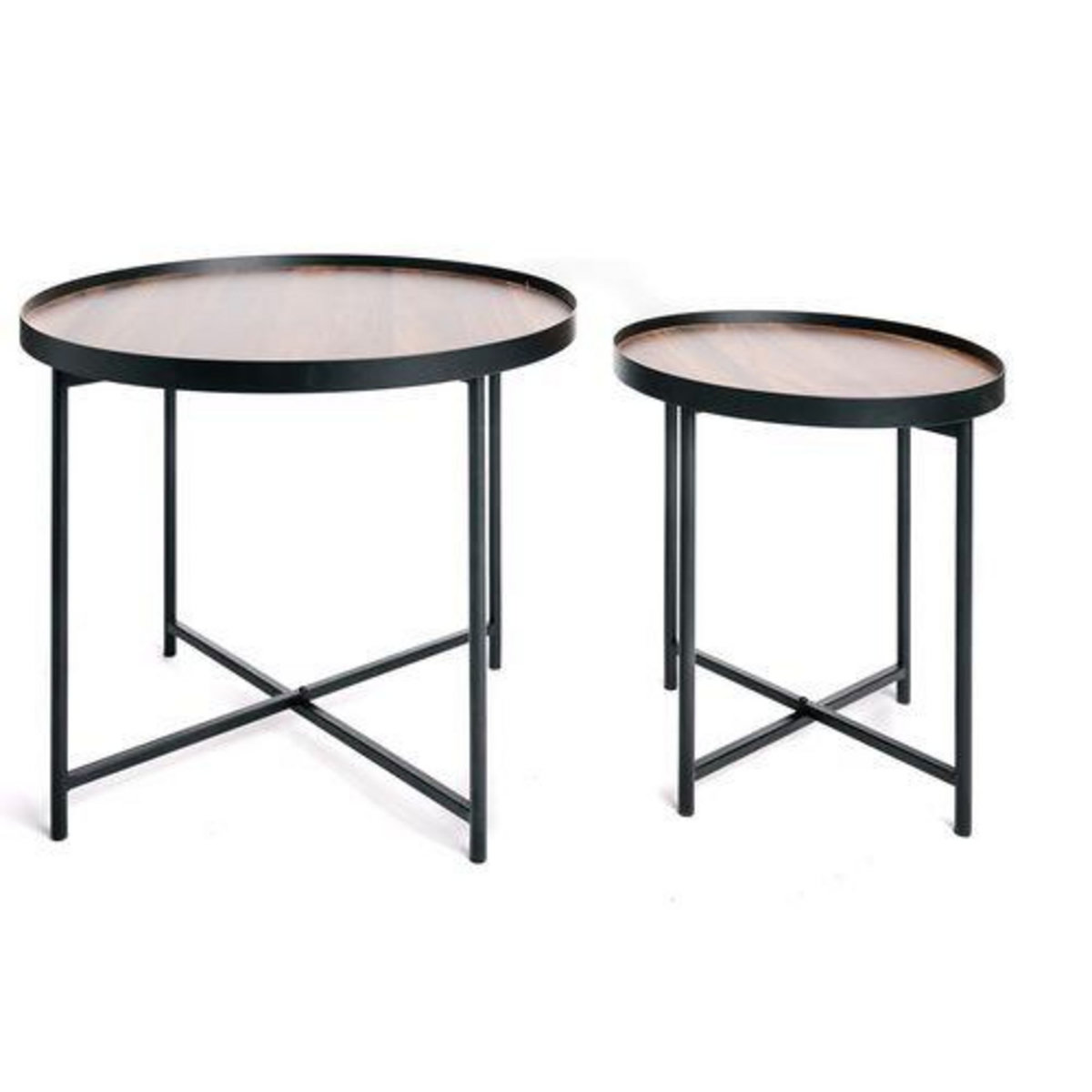 KB8 Lot de 2 tables d'appoint ou tables gigogne ronde en MDF et métal - Marron et noir