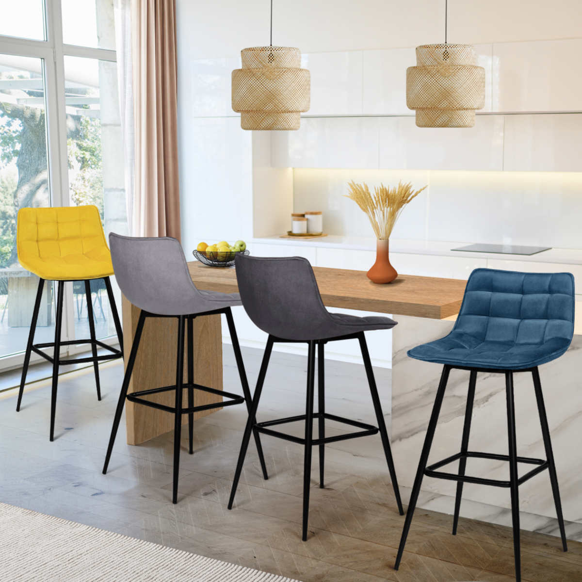 ID MARKET Lot de 4 tabourets de bar MADY en velours mix color bleu, gris clair, gris foncé, jaune
