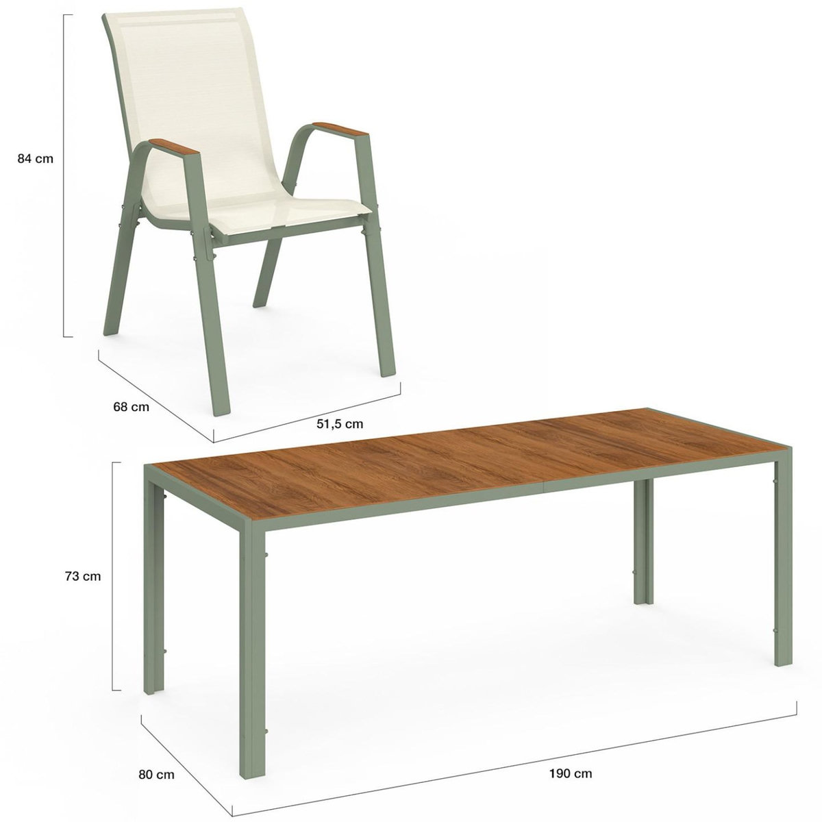 ID MARKET Salon de jardin NOUMEA table 190 cm plateau verre trempé effet bois et 8 chaises empilables vert et bois