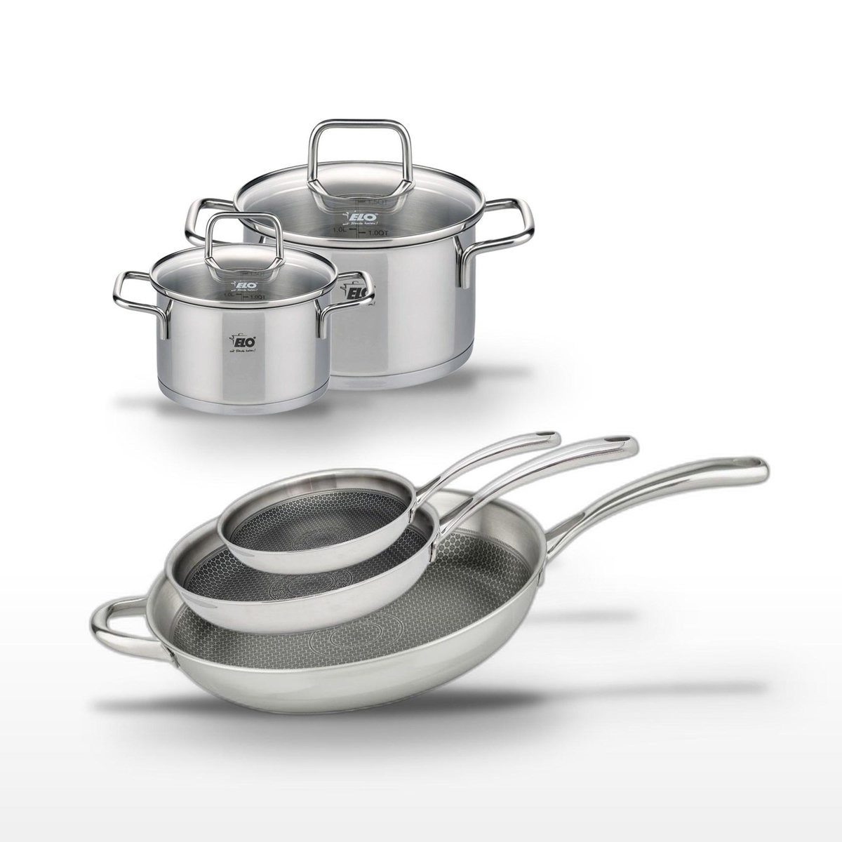 ELO Lot de 3 Poêles 24/28/32cm Elo Relief Evolution et 2 Faitouts 12/16cm