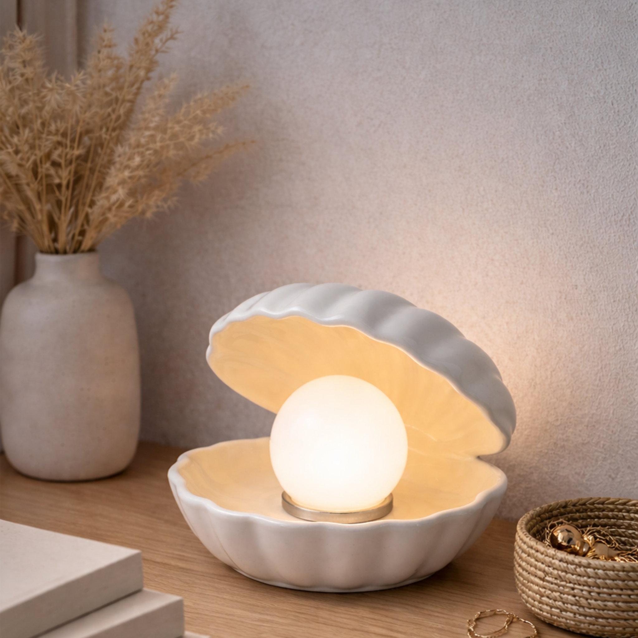 Voir la diapositive 2 : MAISON PAVANE Lampe à poser en céramique blanche-Shell