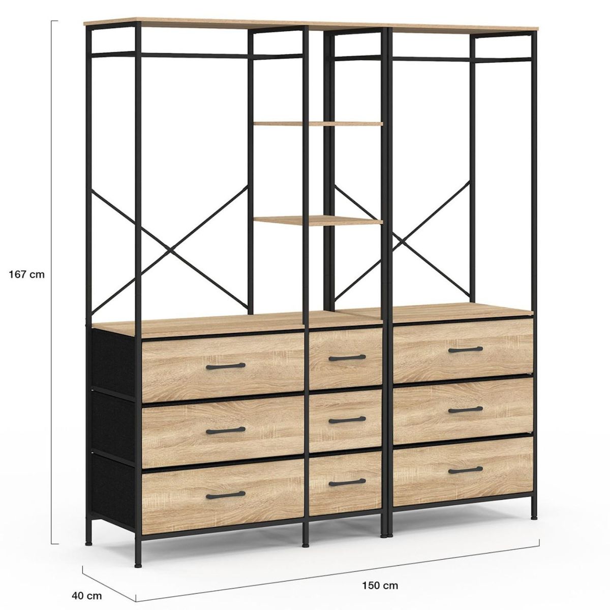 ID MARKET Dressing penderie modulable L. 150 cm UTAH XXL avec 3 étagères et 9 bacs en tissu bois et noir