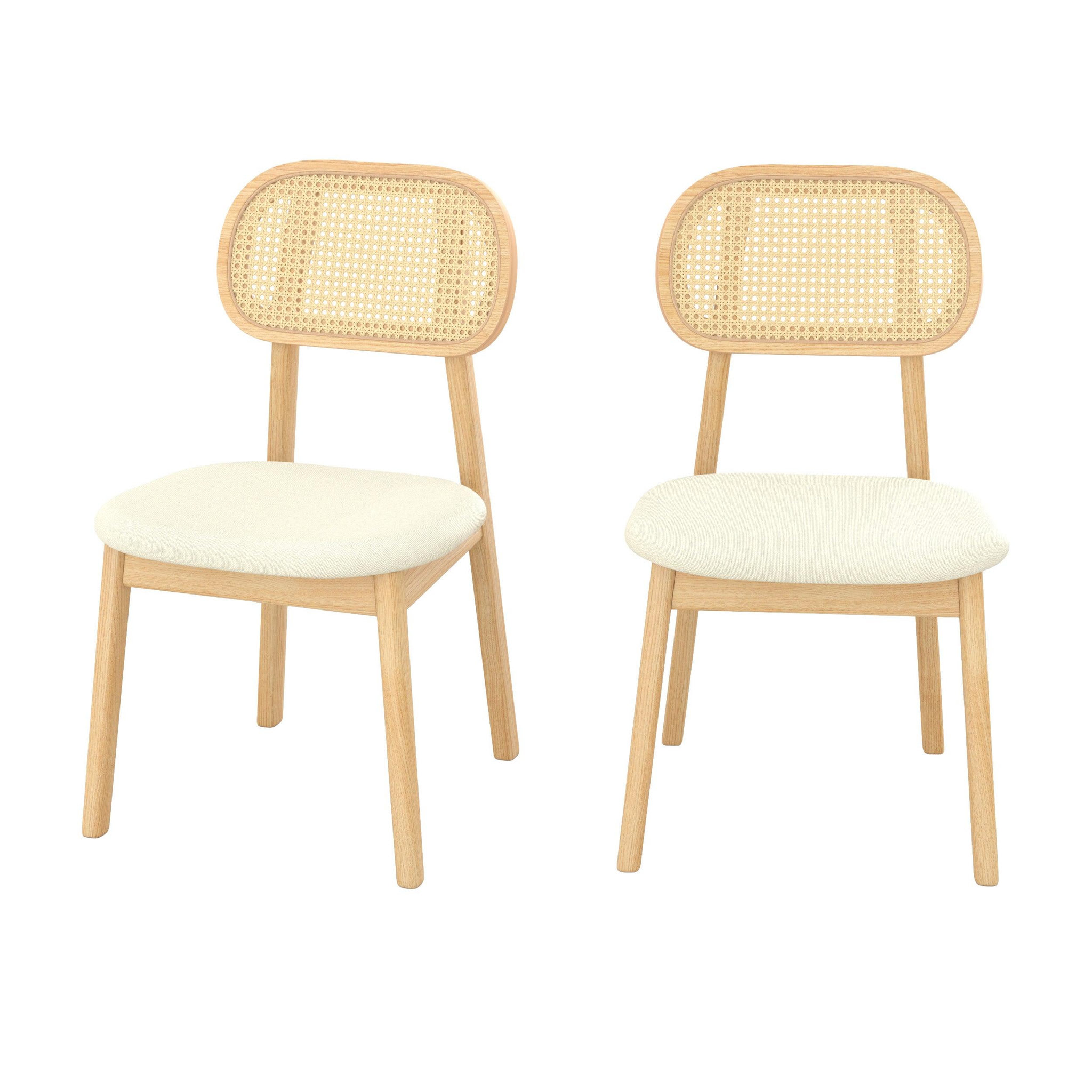 MAISON PAVANE Lot de 2 chaises en bois clair, tissu beige et rotin synthétique-maria