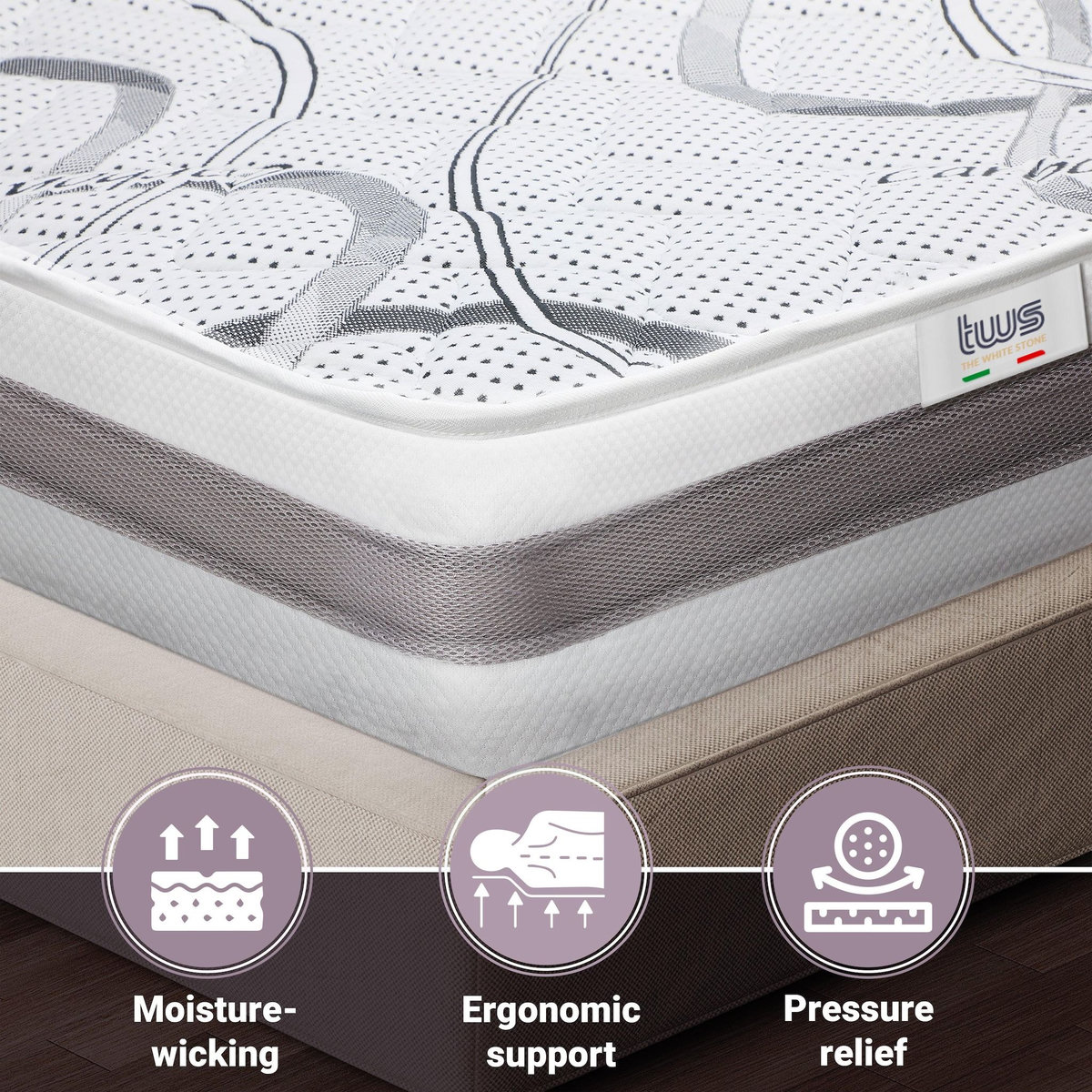 THE WHITE STONE Matelas 70 x 140 Hypoallergénique | Hauteur 25 cm | Propriétés orthopédiques et automodelantes | Produit en Italie
