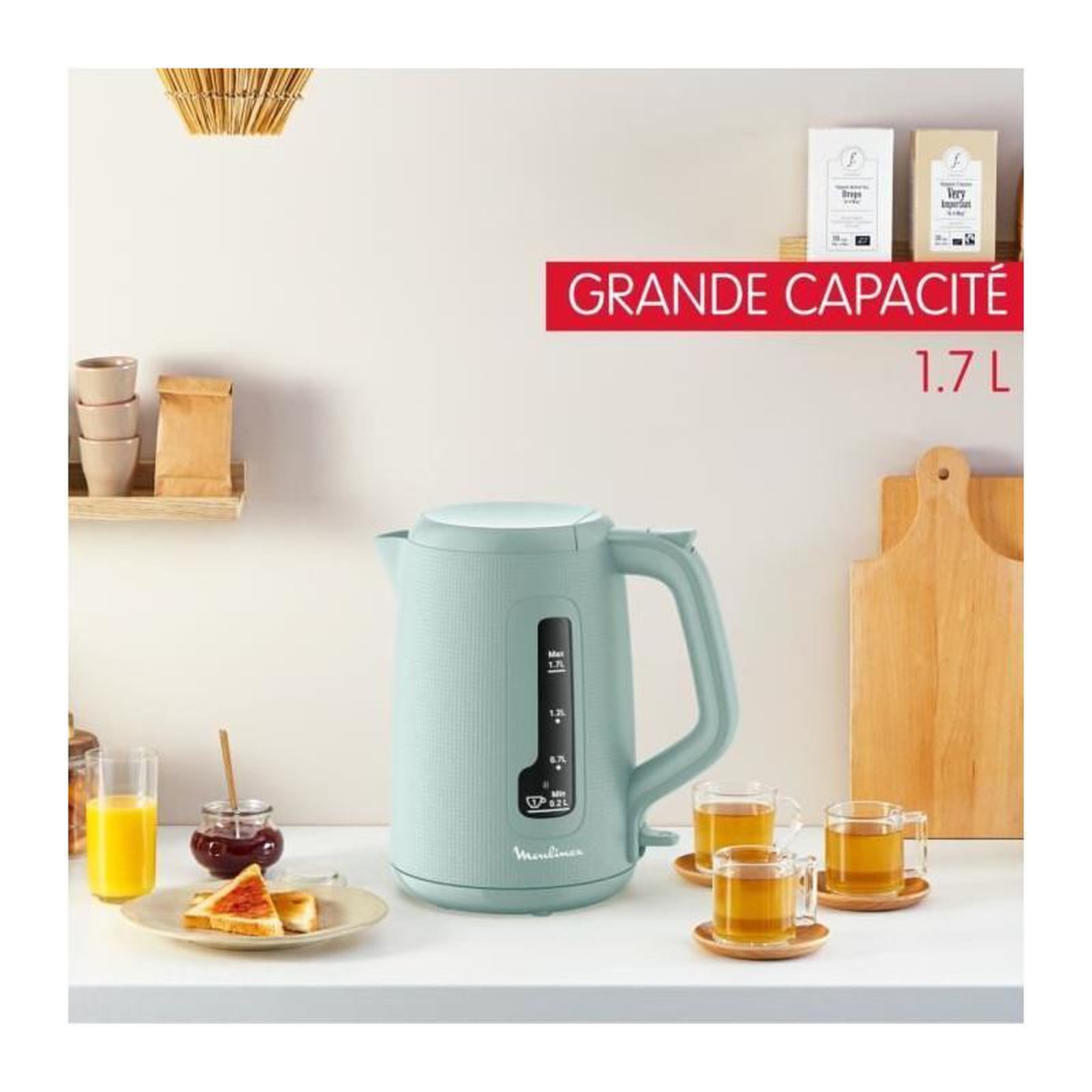Voir la diapositive 2 : MOULINEX MOULINEX Bouilloire électrique 1.7 L, Indicateur 1 tasse, Filtre anticalcaire, Arret auto, Boule a thé incluse, Morning BY2M13
