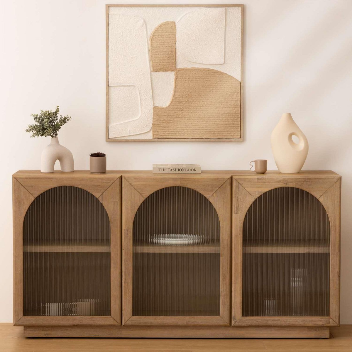 ATMOSPHERA Buffet 3 portes en verre et bois LOUSADA - Beige