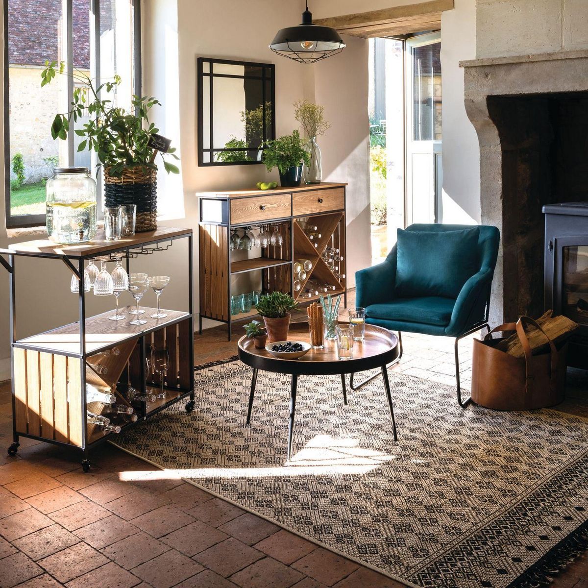 ATMOSPHERA Desserte Bakos grand modèle en métal et MDF - Beige et noir