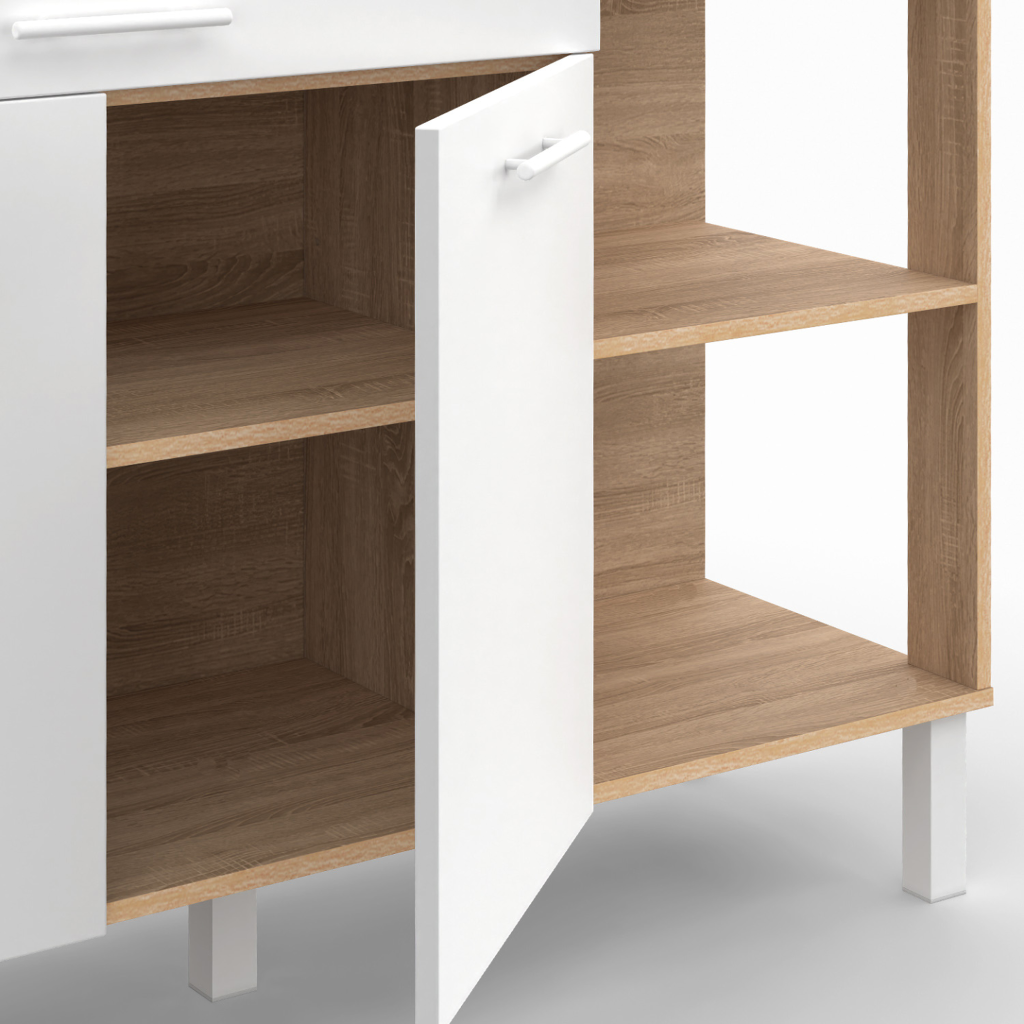 Voir la diapositive 6 : ID MARKET Buffet bas de cuisine 120 cm cina plan de travail h.83 cm 2 portes + tiroir façon hêtre et blanc