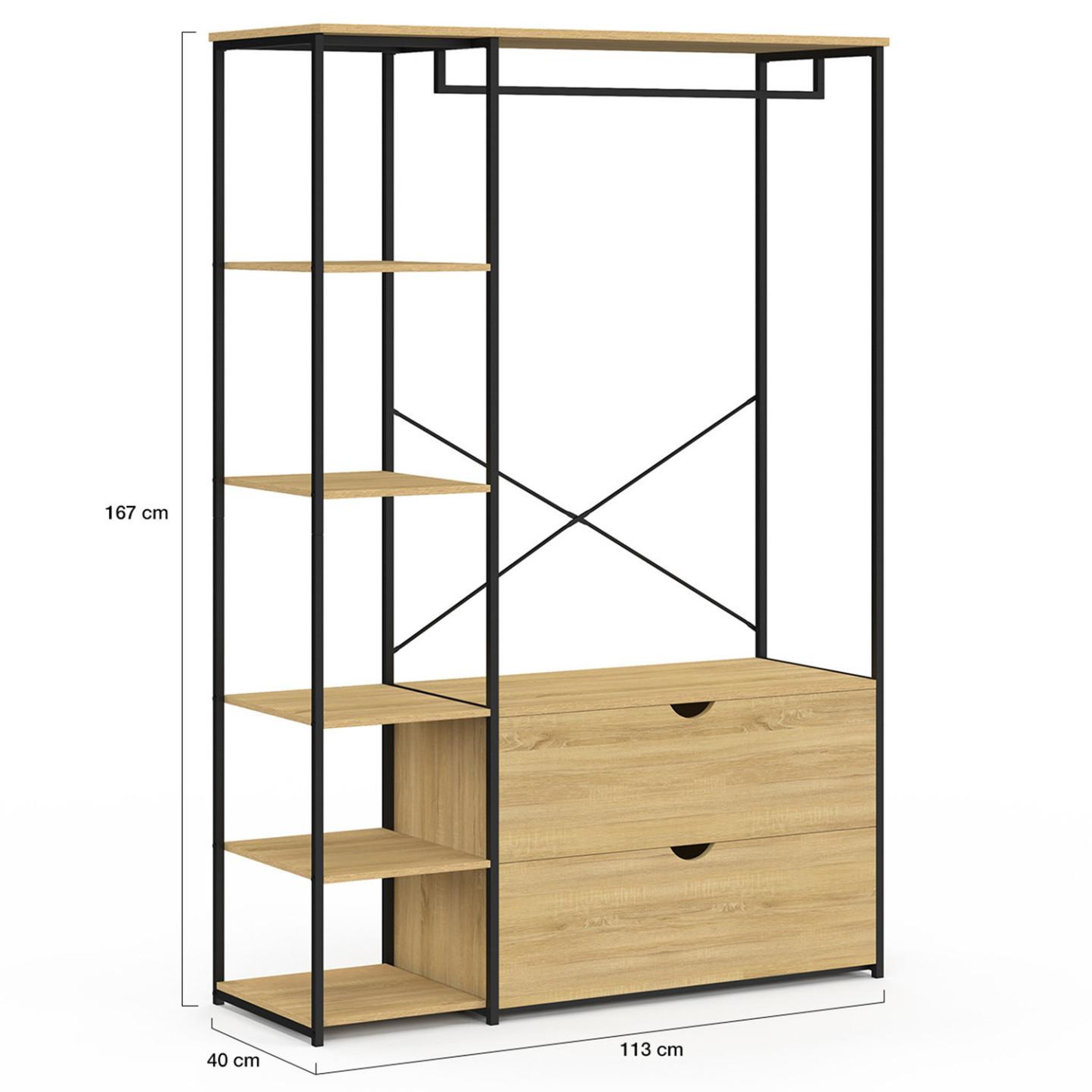 Voir la diapositive 4 : ID MARKET Dressing penderie étagères l. 113 cm detroit 2 tiroirs design industriel
