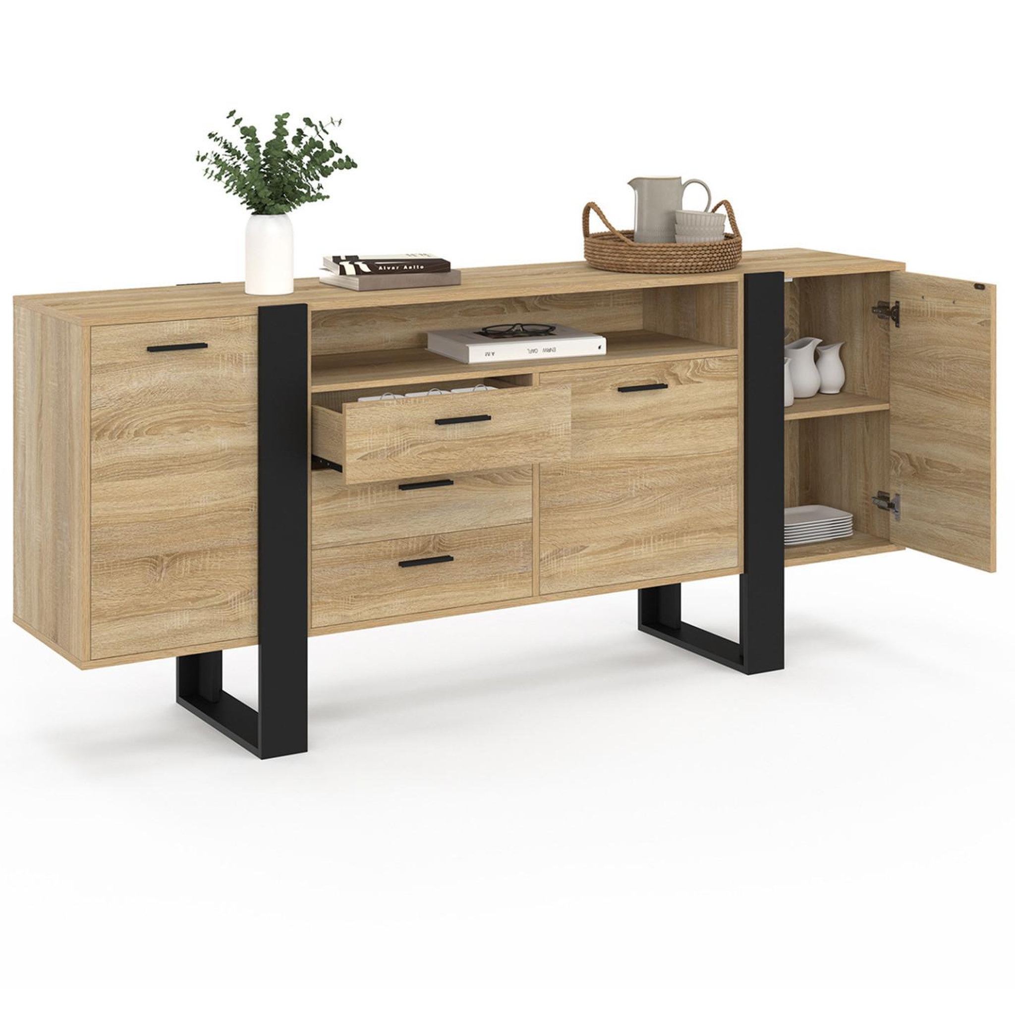 Voir la diapositive 4 : ID MARKET Buffet 180 cm phoenix xxl 3 portes et 3 tiroirs avec niche bois et noir