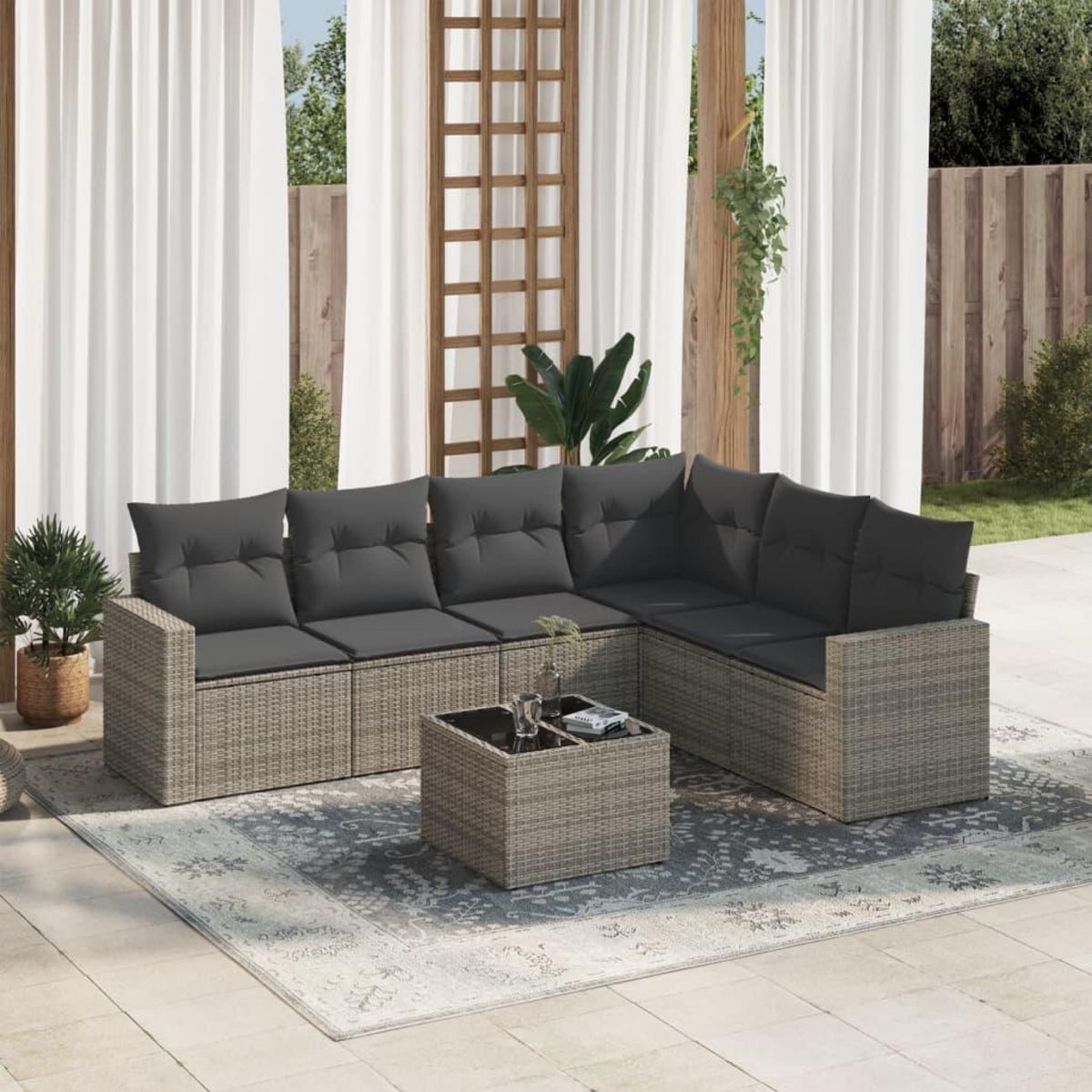 VIDAXL Salon de jardin avec coussins 7 pcs gris resine tressee