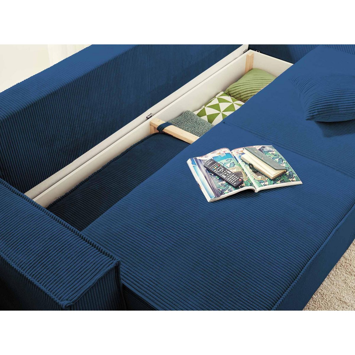 BEST MOBILIER Dellia - canapé 3 places convertible - avec coffre - en velours côtelé - style contemporain