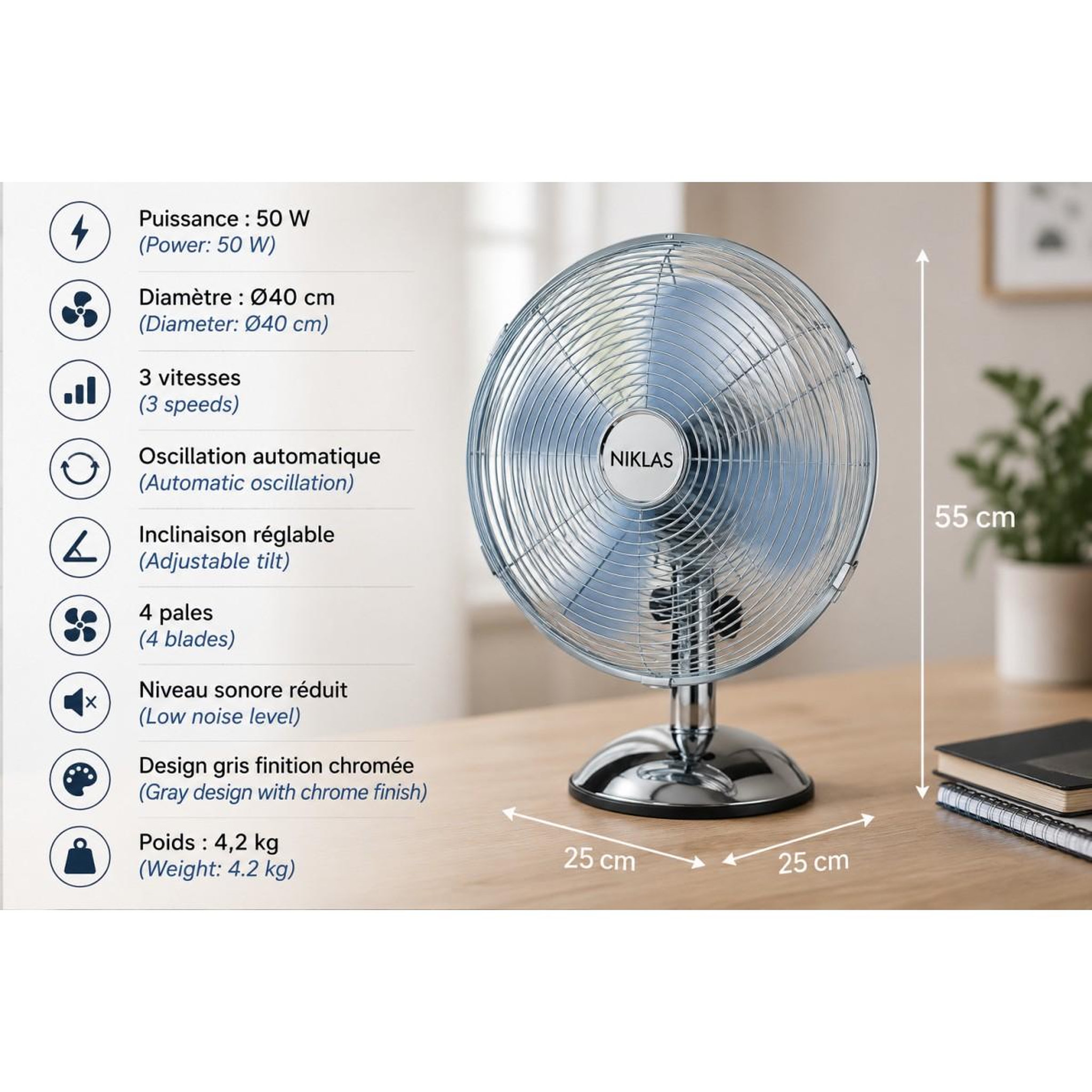 Voir la diapositive 2 : NIKLAS Ventilateur sur table 50w gris finition chromée ø40cm oscillation automatique inclinaison réglable 3 vitesses niklas