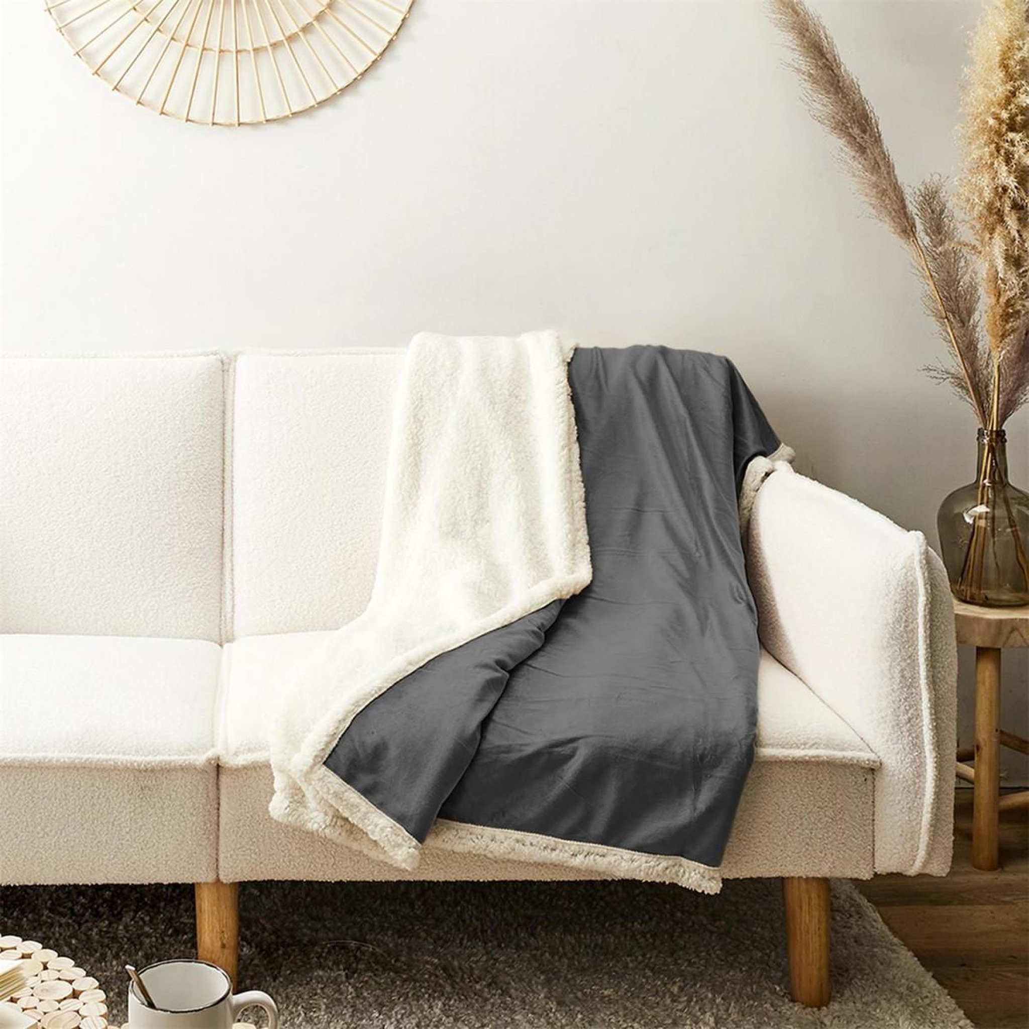 Voir la diapositive 3 : The Home Deco Factory Plaid microfibre  intérieur sherpa  120x150cm gris
