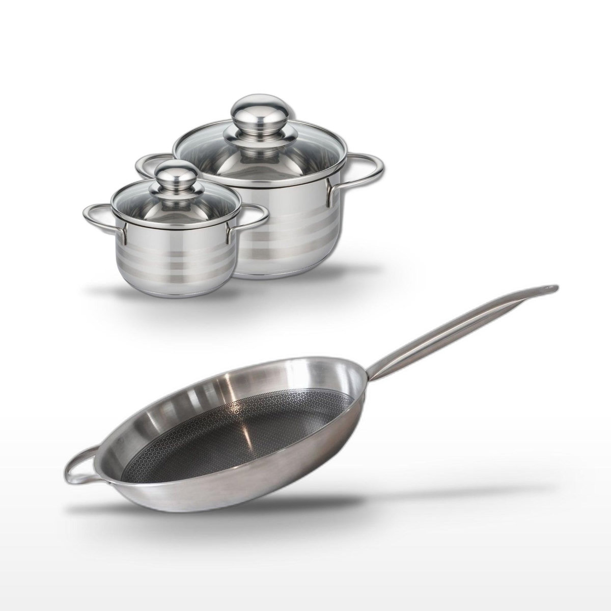 ELO Batterie de cuisine Poêle 32 cm et faitouts 12/16 cm en acier inoxydable et aluminium Elo Collection Relief Solution Brillant