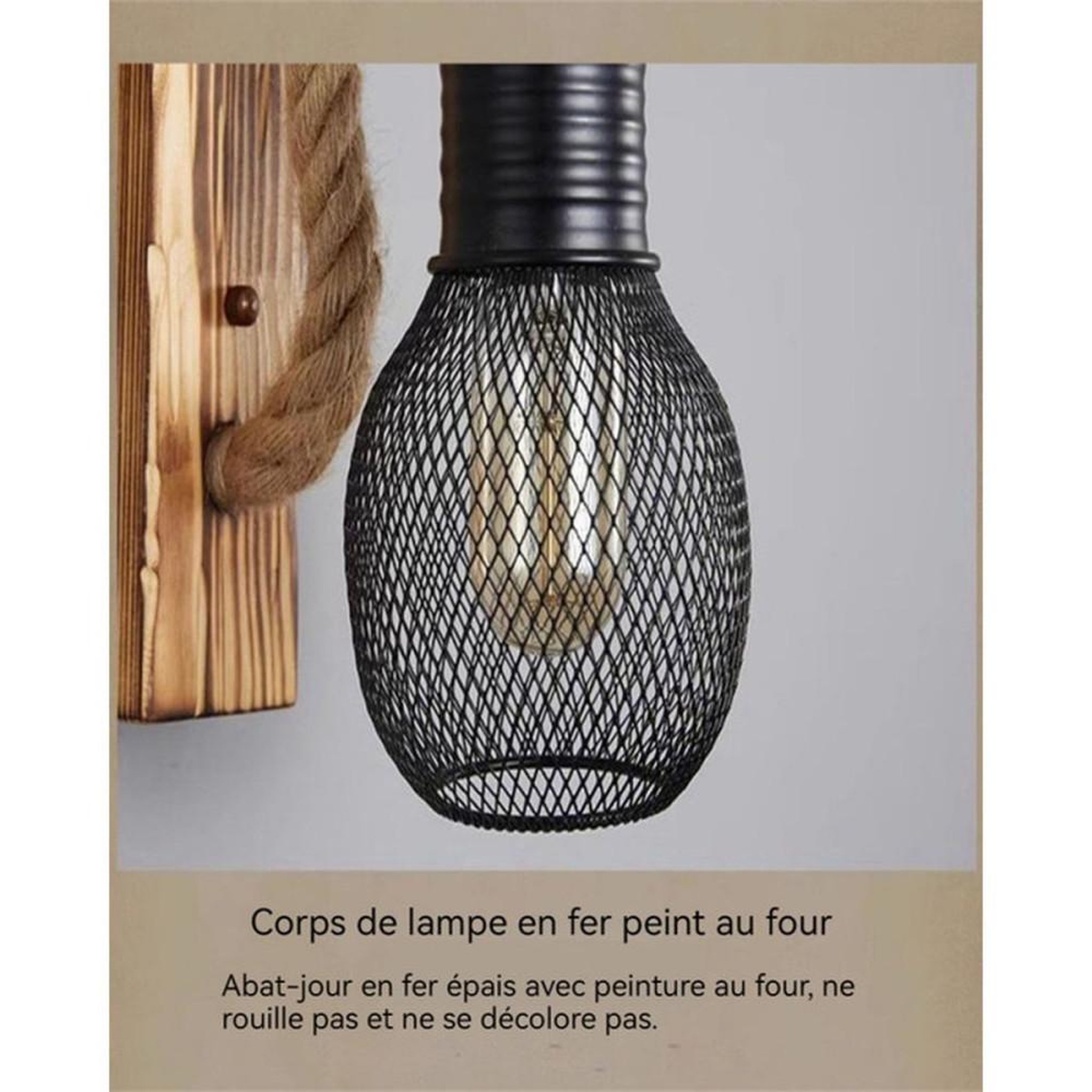 Voir la diapositive 2 : Applique murale rétro en bois de pin massif et corde de chanvre tressée, abat-jour grille métal noir, culot E27