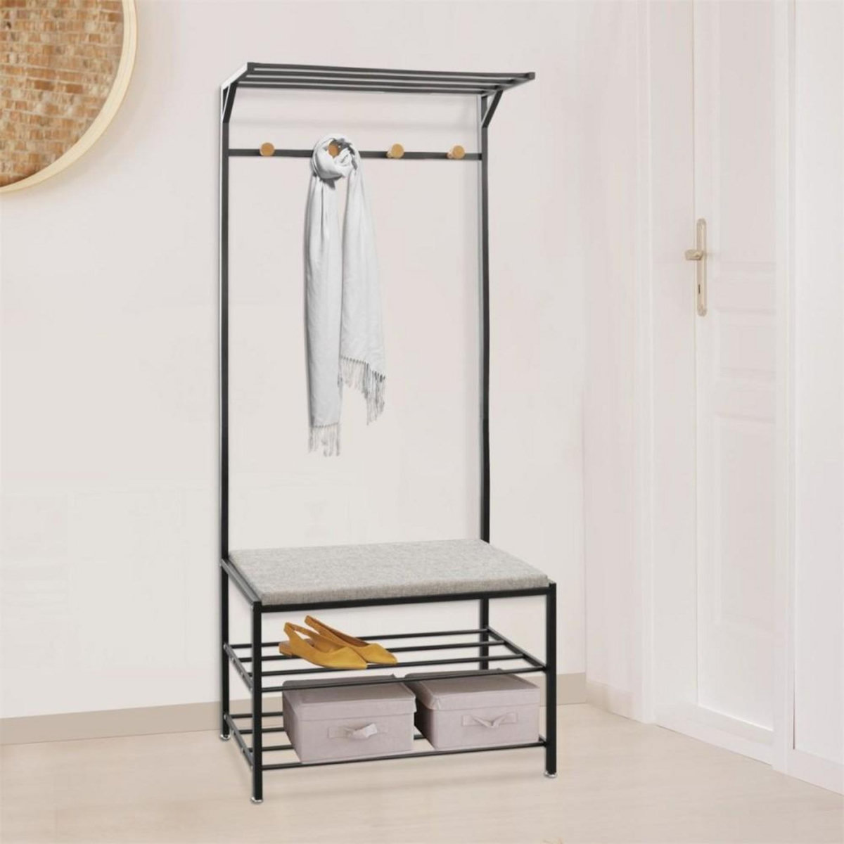 The Home Deco Factory Banc d'entrée porte-manteaux 4 crochets en métal noir