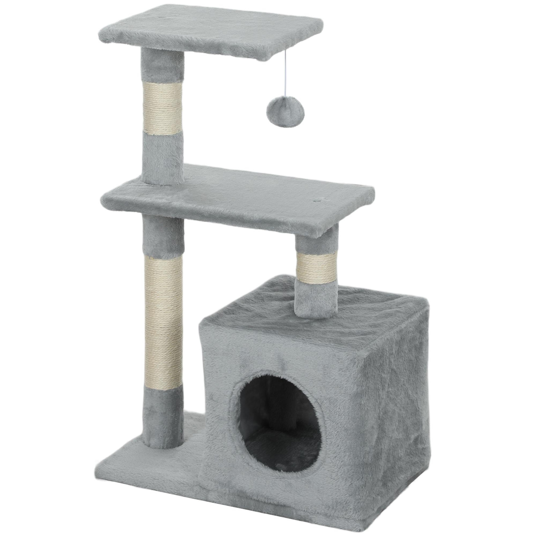 PAWHUT Arbre à chat h.81cm niche 3 griffoirs 2 plateformes jeu boule suspendue gris