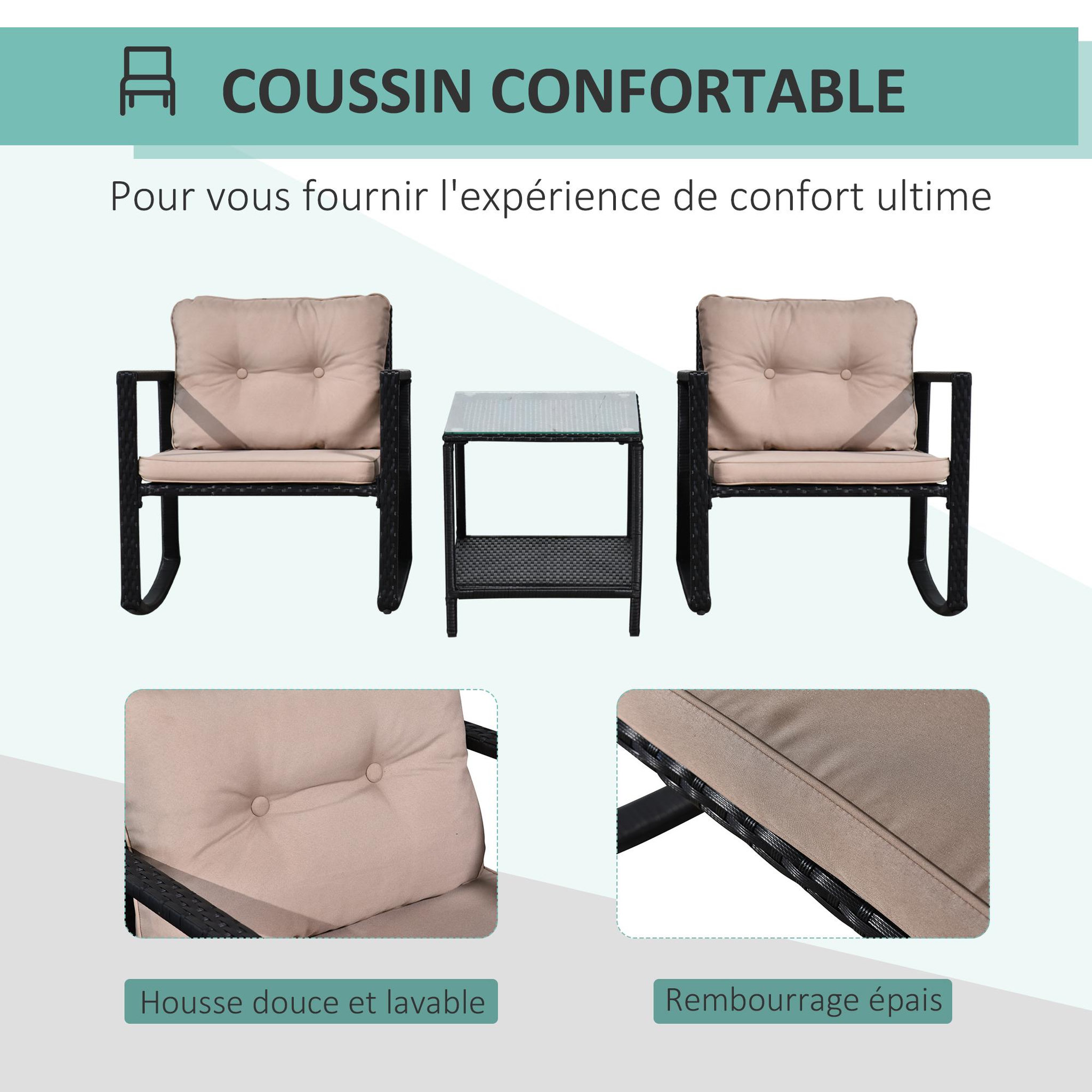 Voir la diapositive 4 : OUTSUNNY Ensemble de jardin 3 pièces style colonial 2 fauteuils à bascule avec coussins marron table basse étagère métal époxy résine tressée 4 fils noir
