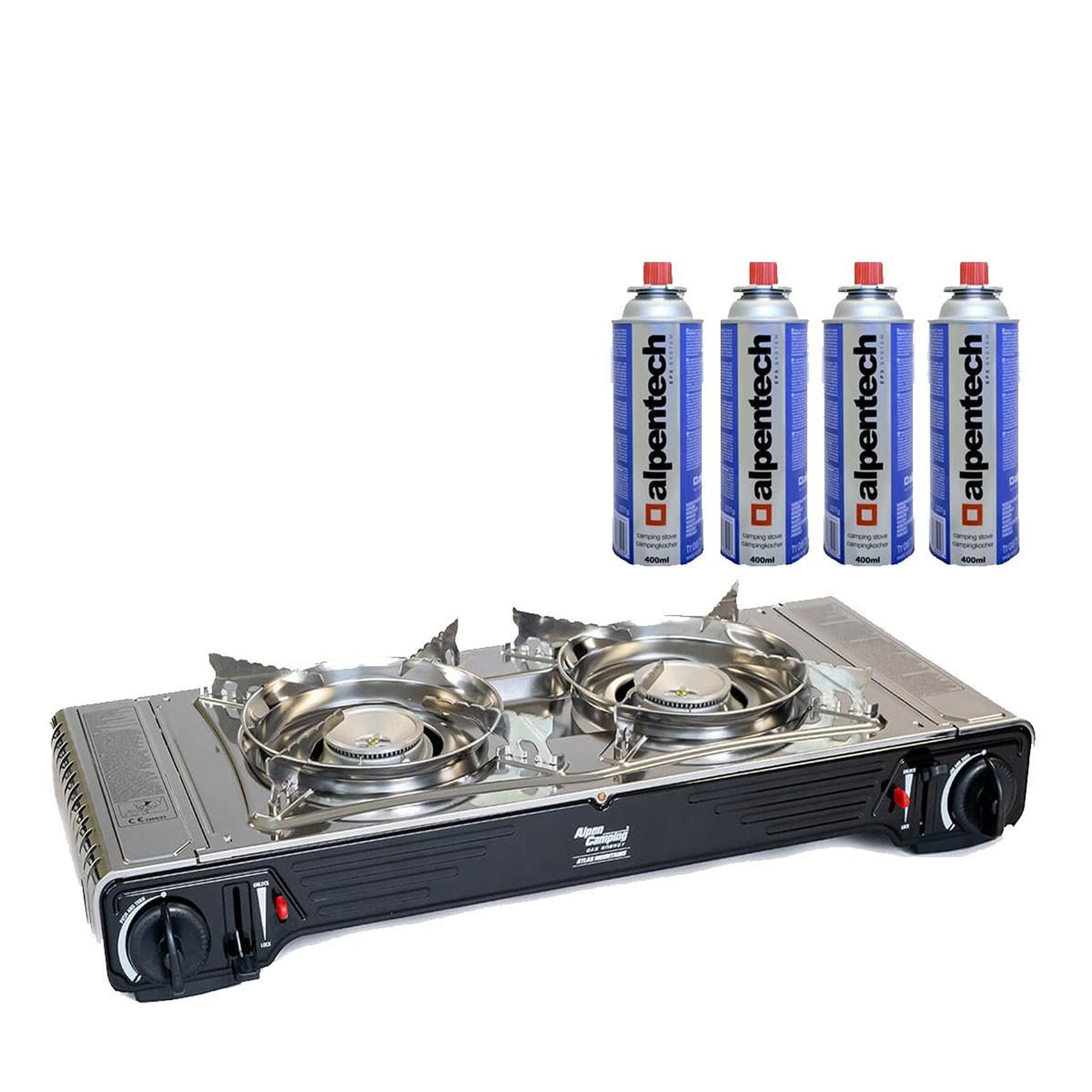 Voir la diapositive 1 : ALPENTECH Réchaud à gaz 2 feux 4400w thermocouple intégré + 4 cartouches de gaz 250gr alpen camping