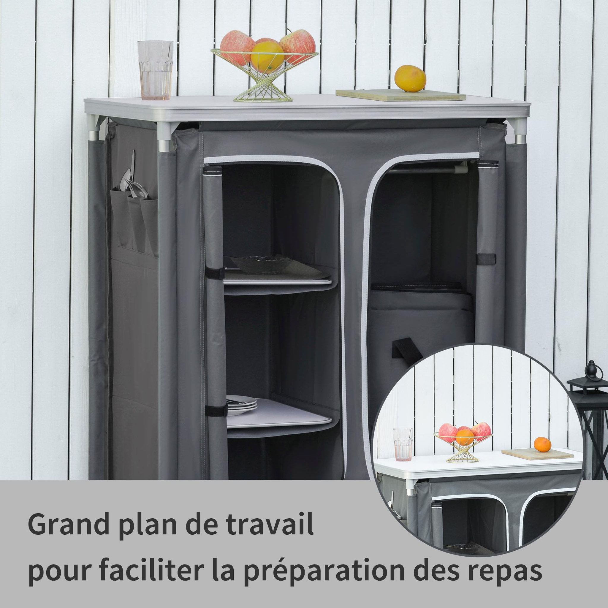 Voir la diapositive 4 : OUTSUNNY Cuisine de camping - meuble camping - armoire de camping - plan de travail, nombreux rangements, sac transport inclus - armature alu. Oxford gris