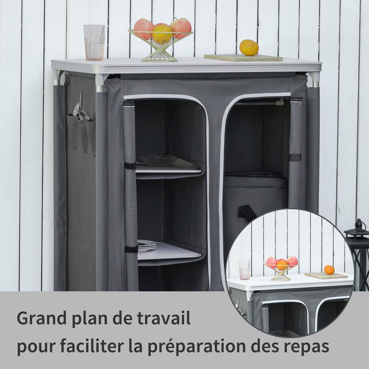OUTSUNNY Cuisine de camping - meuble camping - armoire de camping - plan de travail, nombreux rangements, sac transport inclus - armature alu. Oxford gris