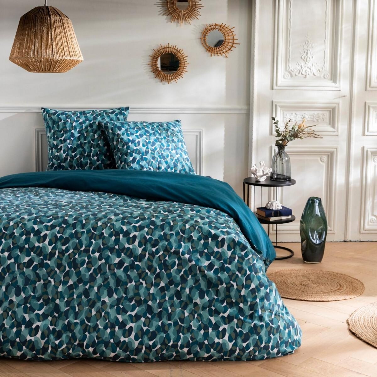 FUTURE HOME Parure de lit 2 personnes géométrique marine en coton